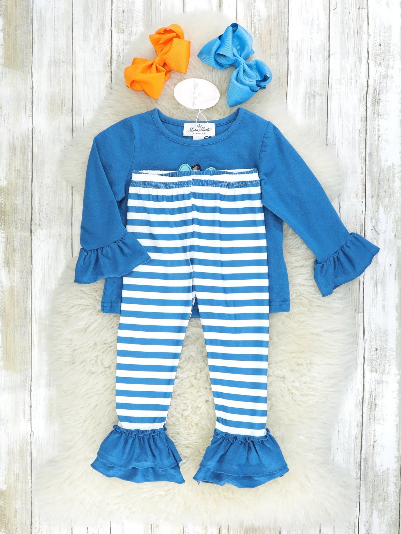 Teal Leopard Pumpkin Top & Striped Ruffle Bottoms Outfit - Image 2