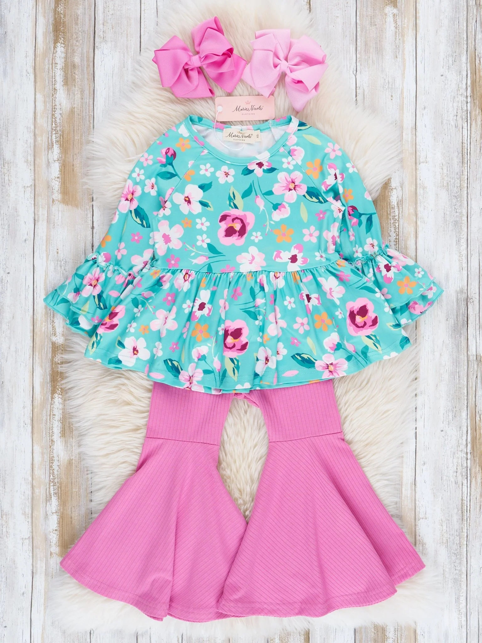 Teal & Magenta Florals Ribbed Bell Bottoms Outfit