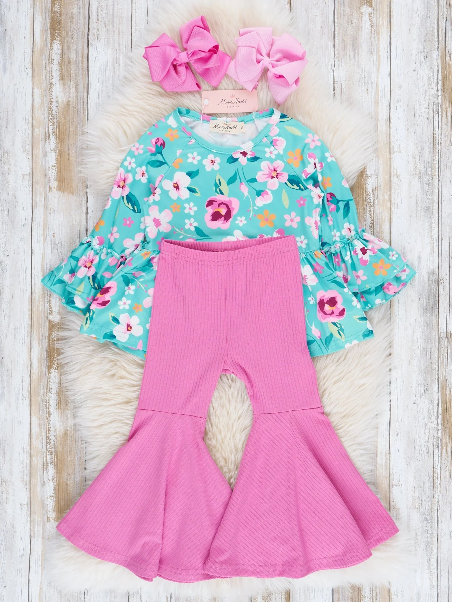 Teal & Magenta Florals Ribbed Bell Bottoms Outfit - Image 2