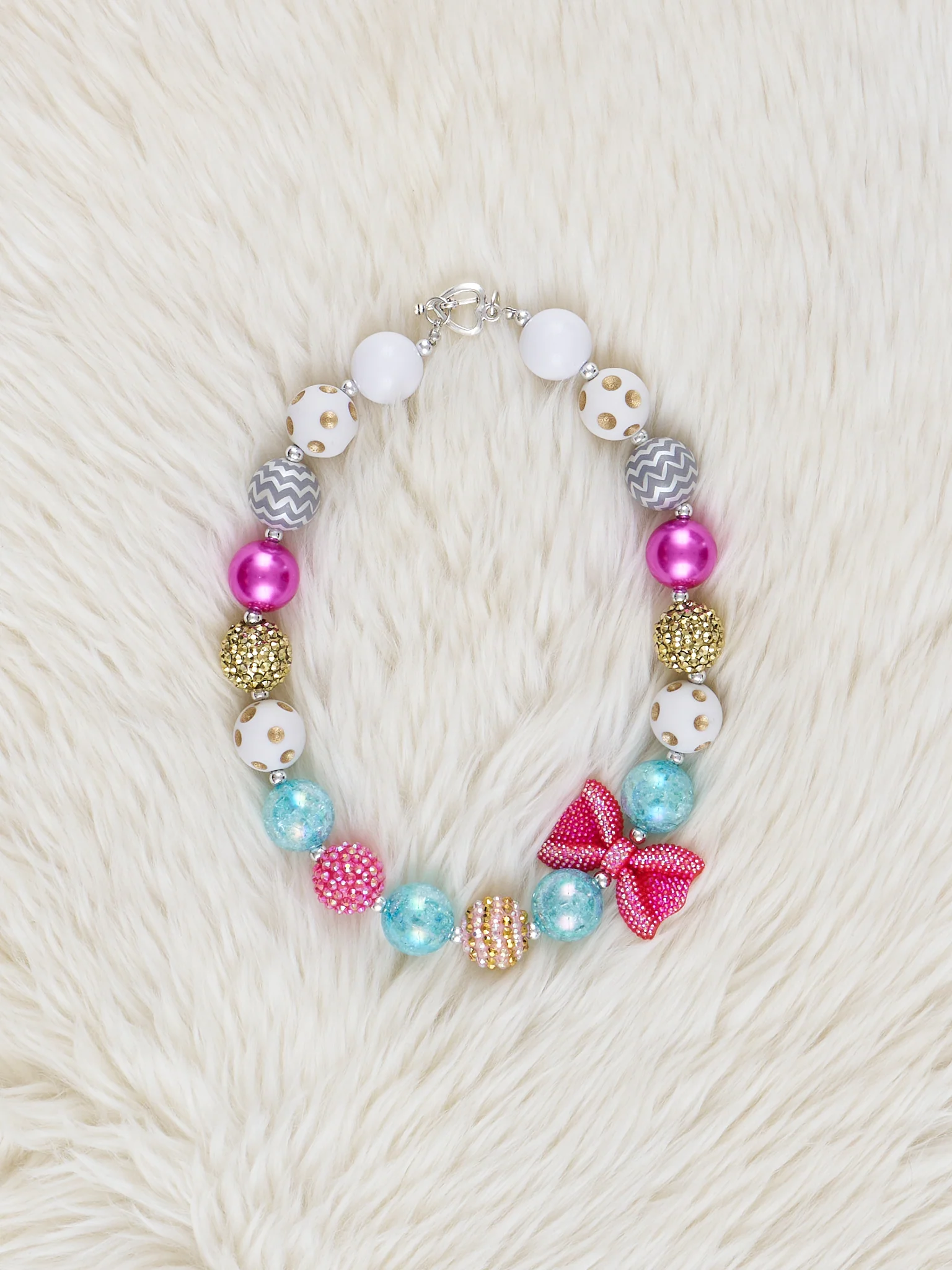 Teal & Magenta Sparkle Bow Bubblegum Necklace