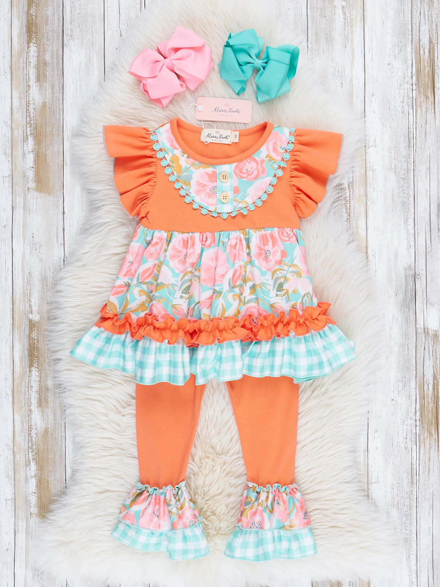 Teal & Orange Watercolor Florals Ruffle Outfit
