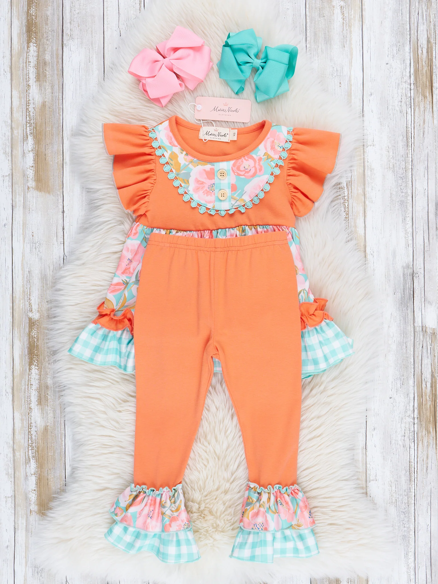 Teal & Orange Watercolor Florals Ruffle Outfit - Image 2