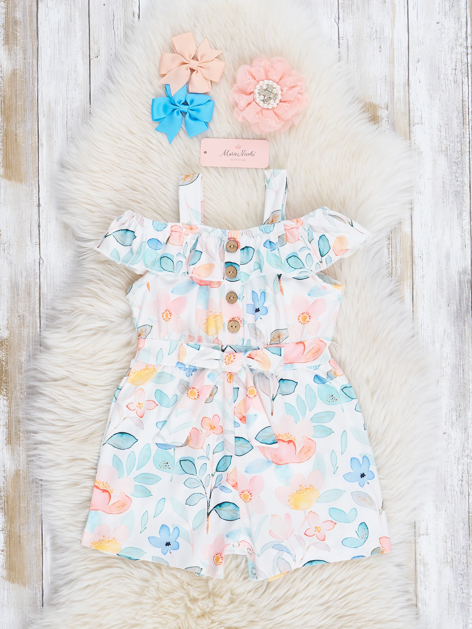 Teal & Peach Watercolor Garden Ruffle Romper - Image 2