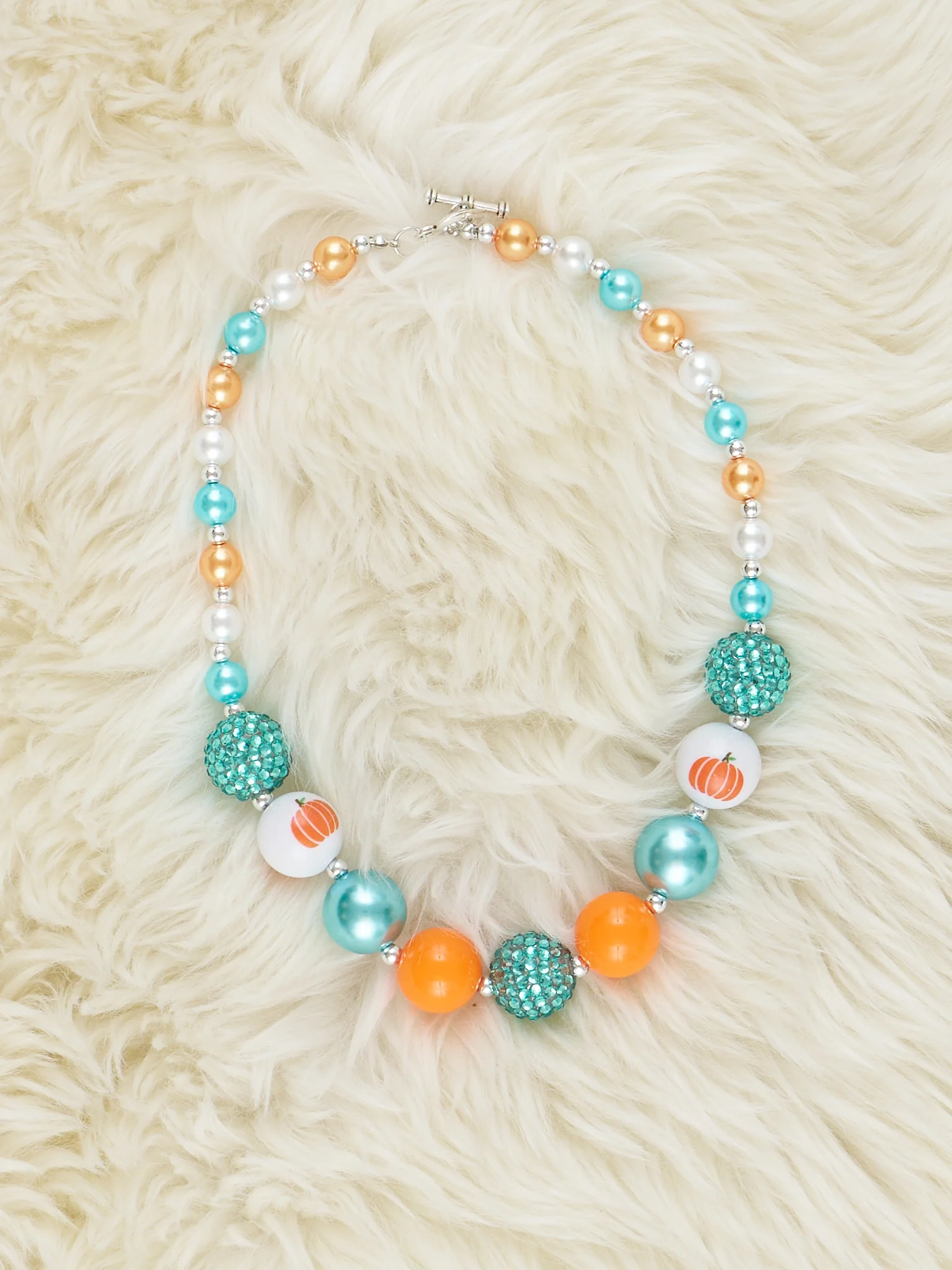 Teal Pearl & Pumpkin Print Bubblegum Necklace