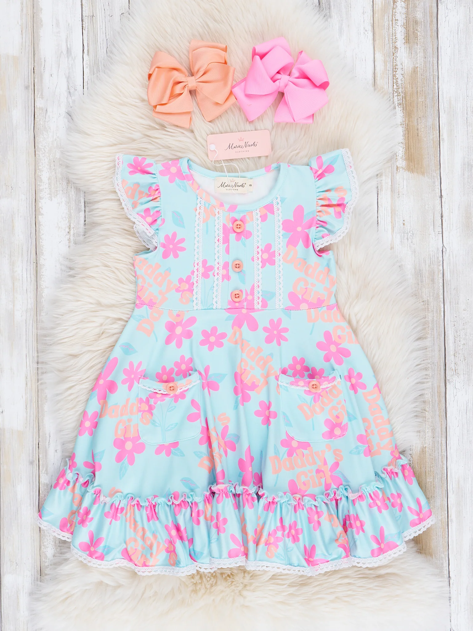 Teal & Pink Daisies Daddy's Girl Ruffle Dress