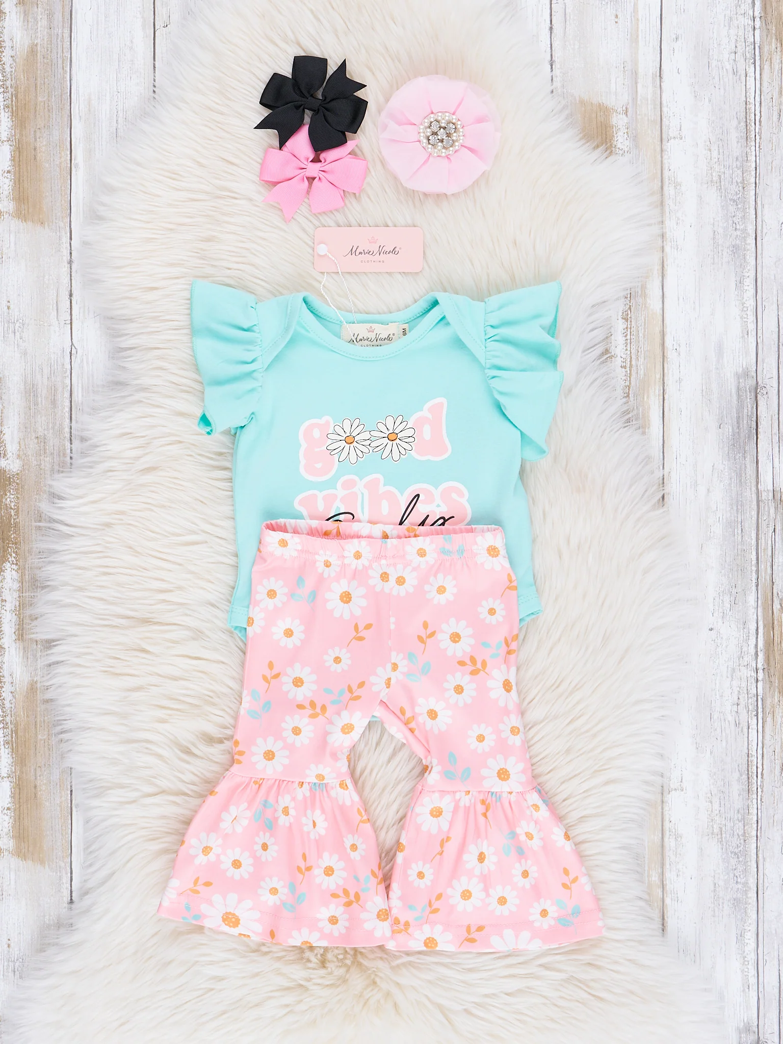 Teal & Pink Floral Good Vibes Bell Bottoms Outfit - Image 2