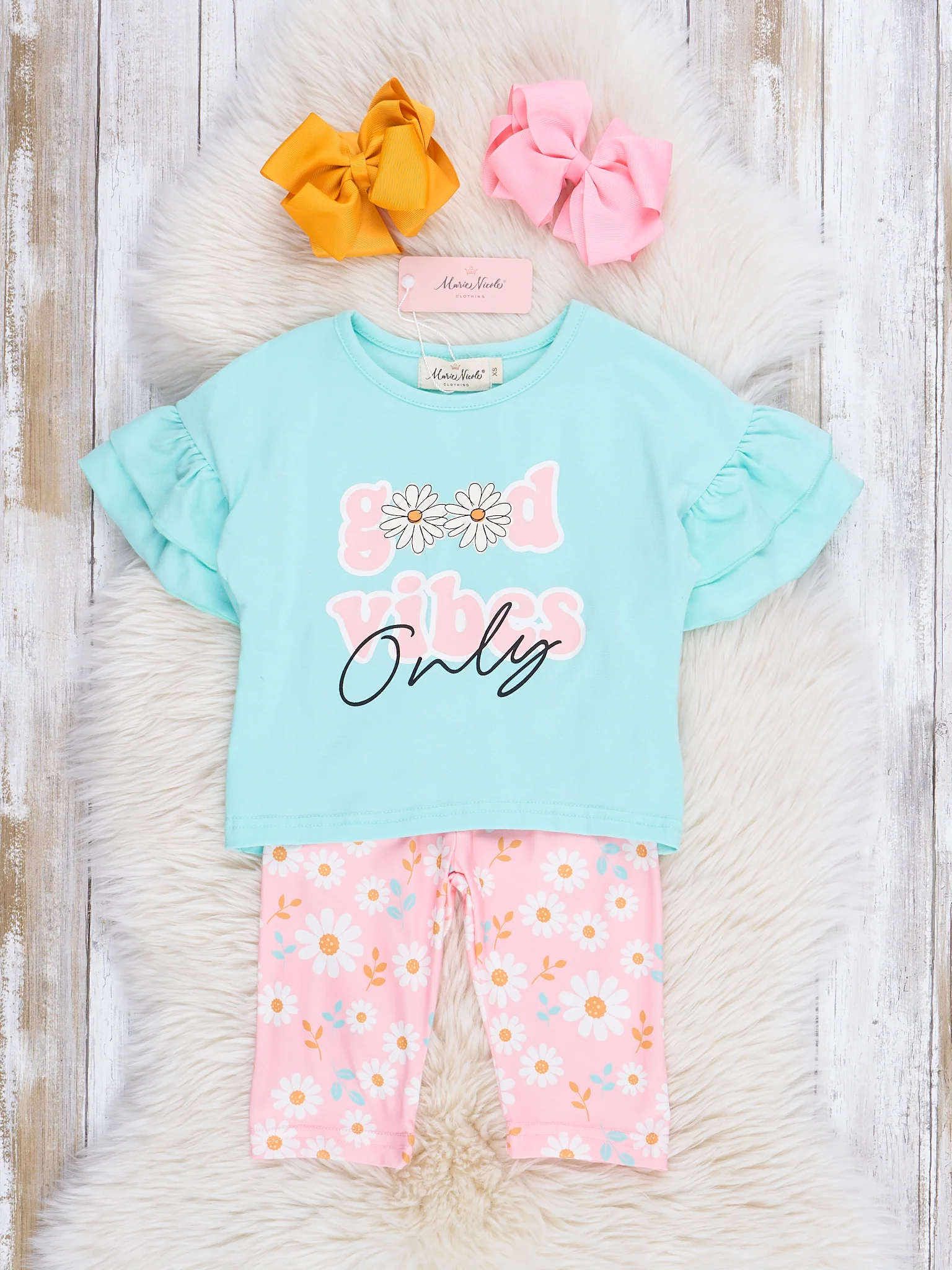 Teal & Pink Floral Good Vibes Ruffle Outfit