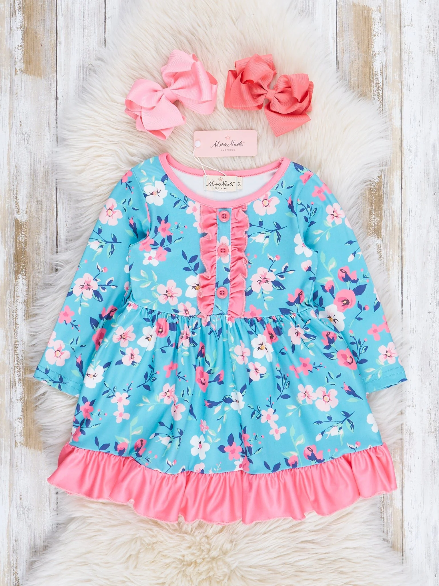 Teal & Pink Floral Ruffle Dress