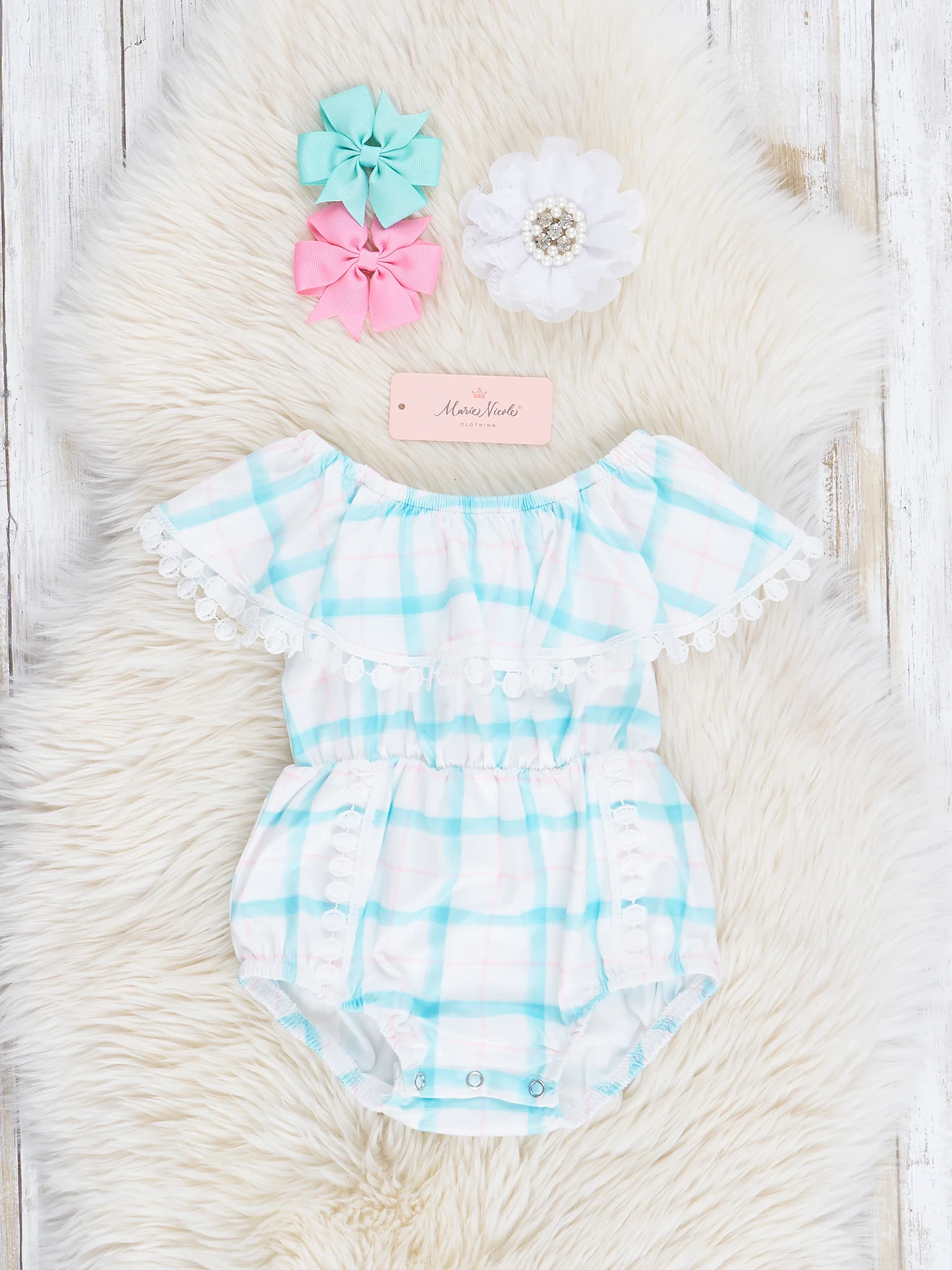 Teal & Pink Plaid Lace Trim Bubble Romper
