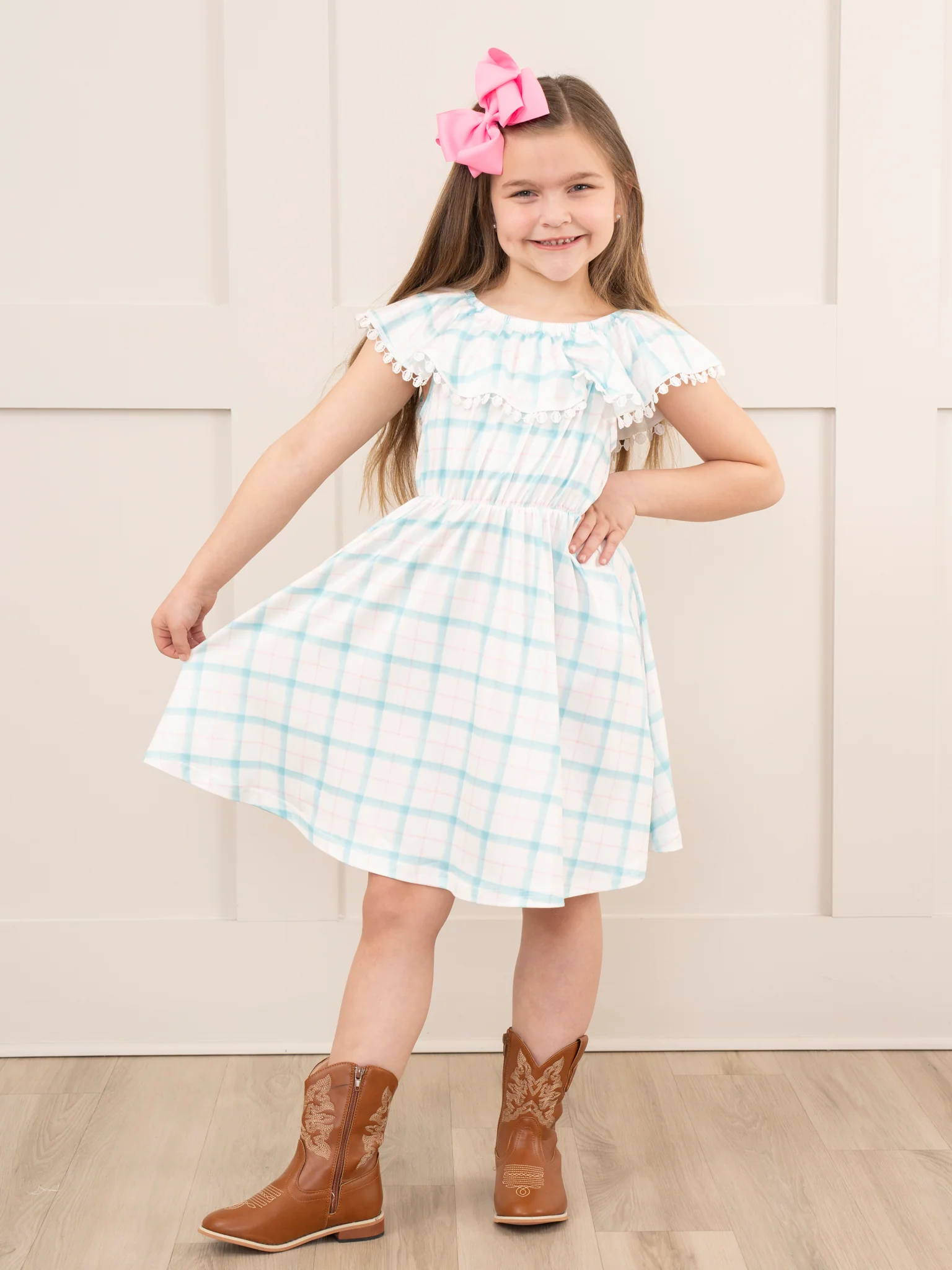 Teal & Pink Plaid Lace Trim Dress - Image 4