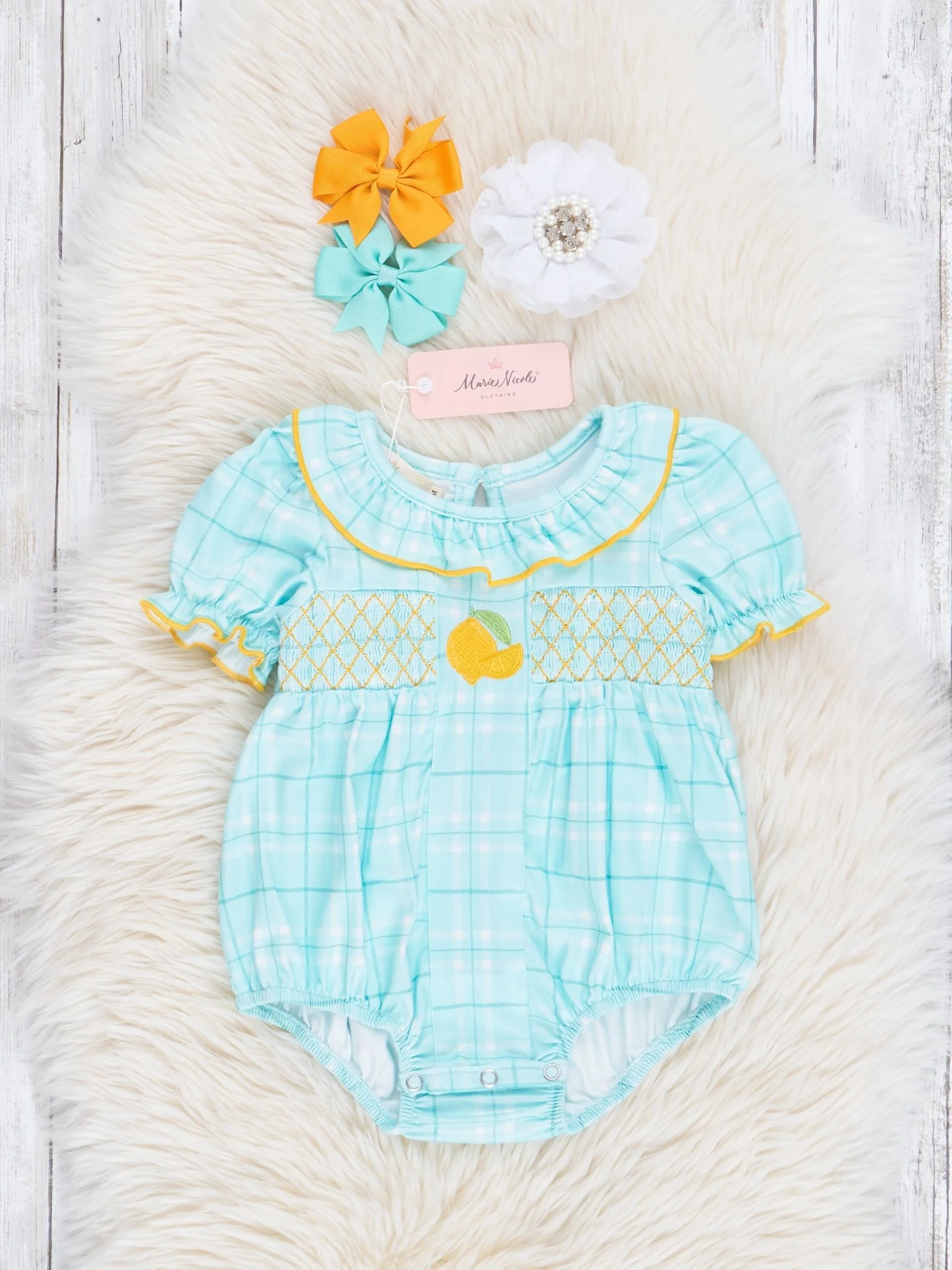 Teal Plaid Smocked Lemons Ruffle Bubble Romper