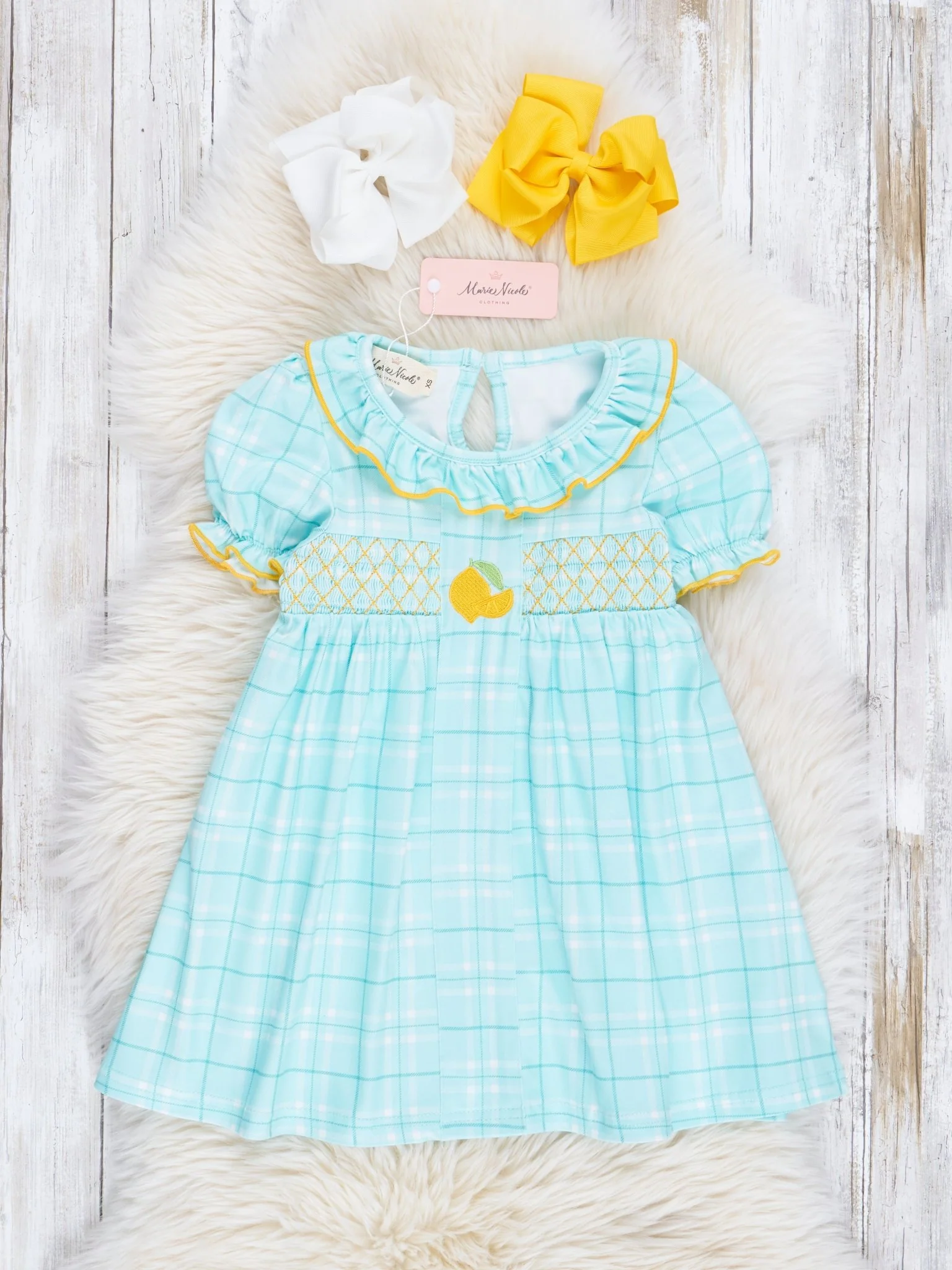 Teal Plaid Smocked Lemons Ruffle Dress