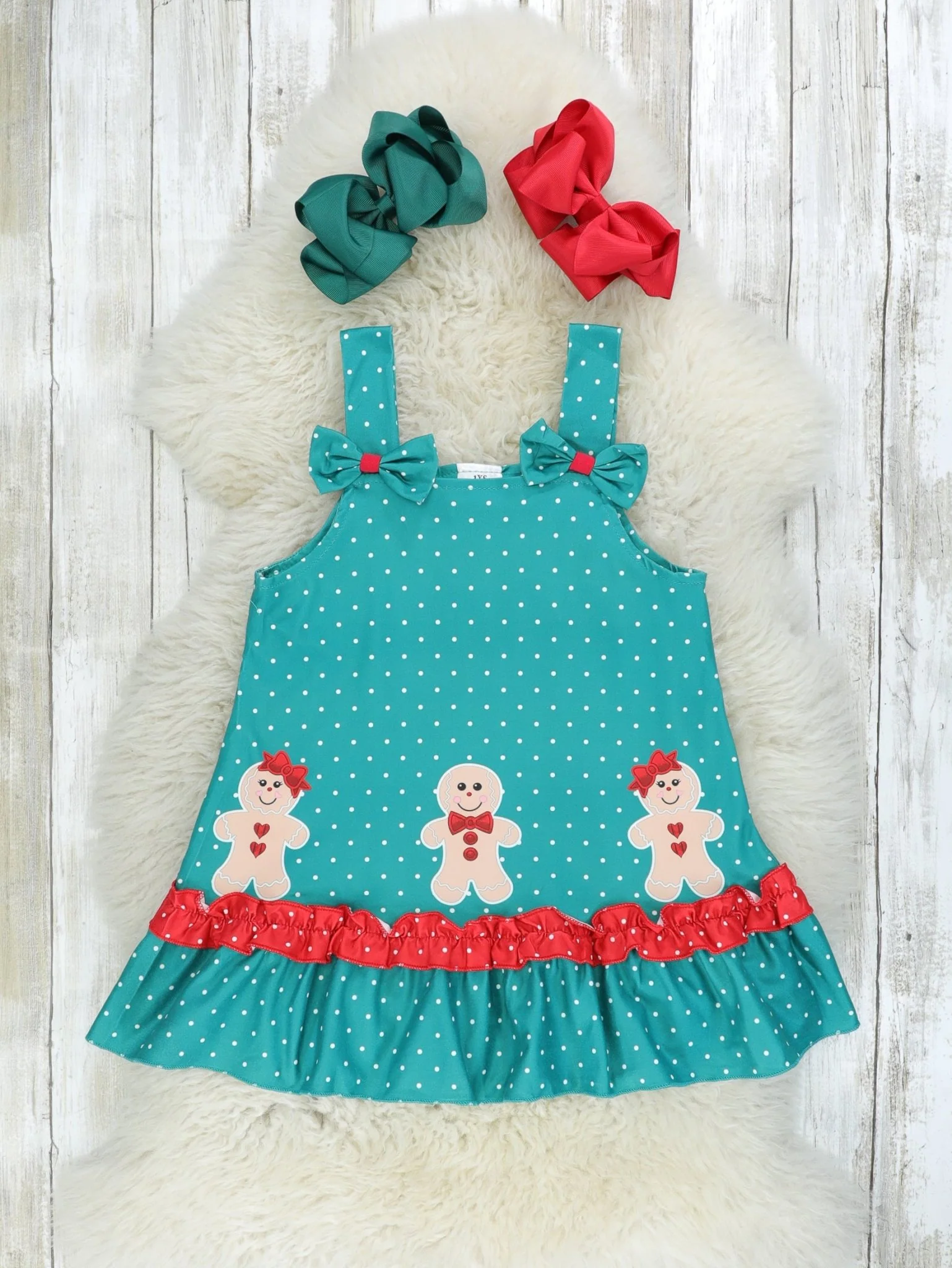 Teal Polka Dot Gingerbread Ruffle Overall Set - Image 2