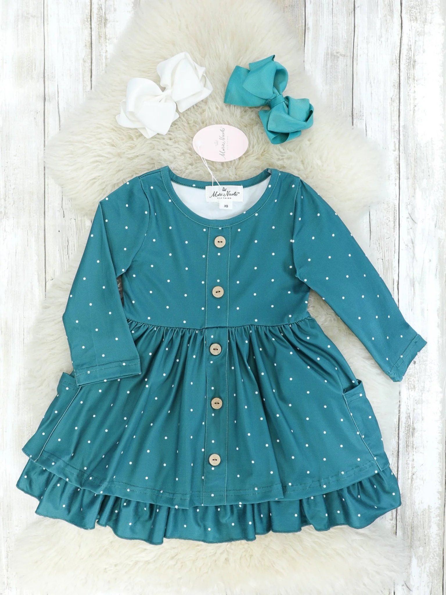 Teal Polka Dot Pocket Ruffle Dress