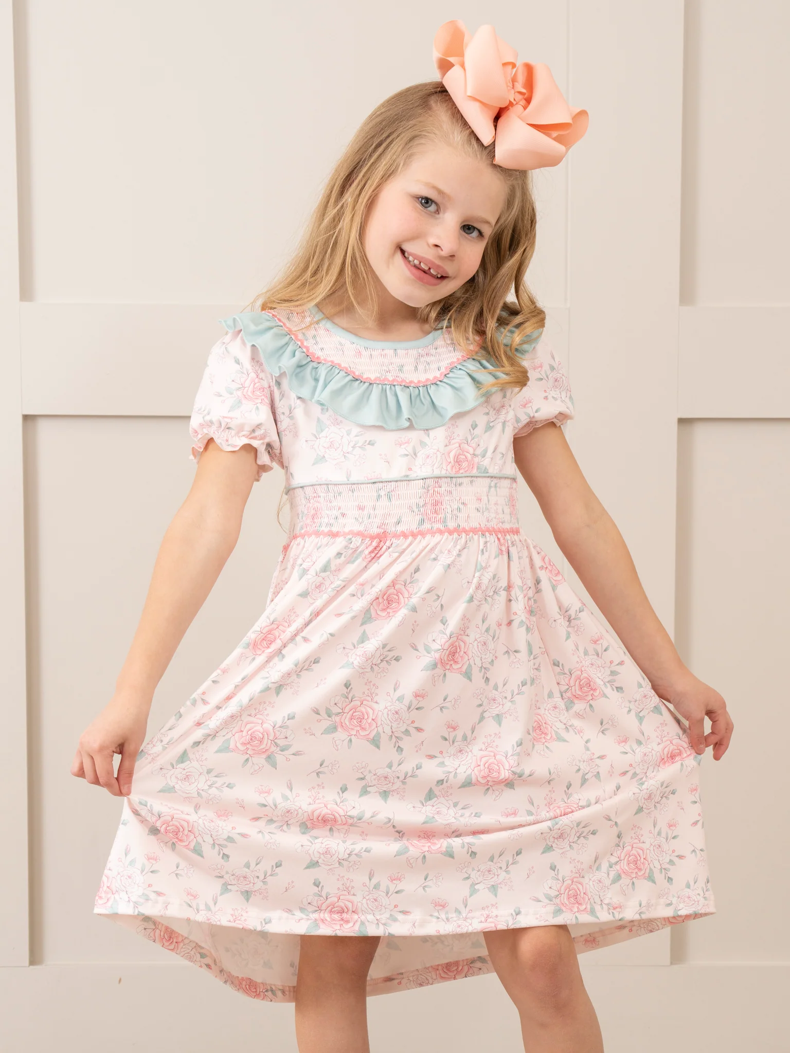 Teal & Rose Bouquets Smocked Ruffle Dress - Image 2