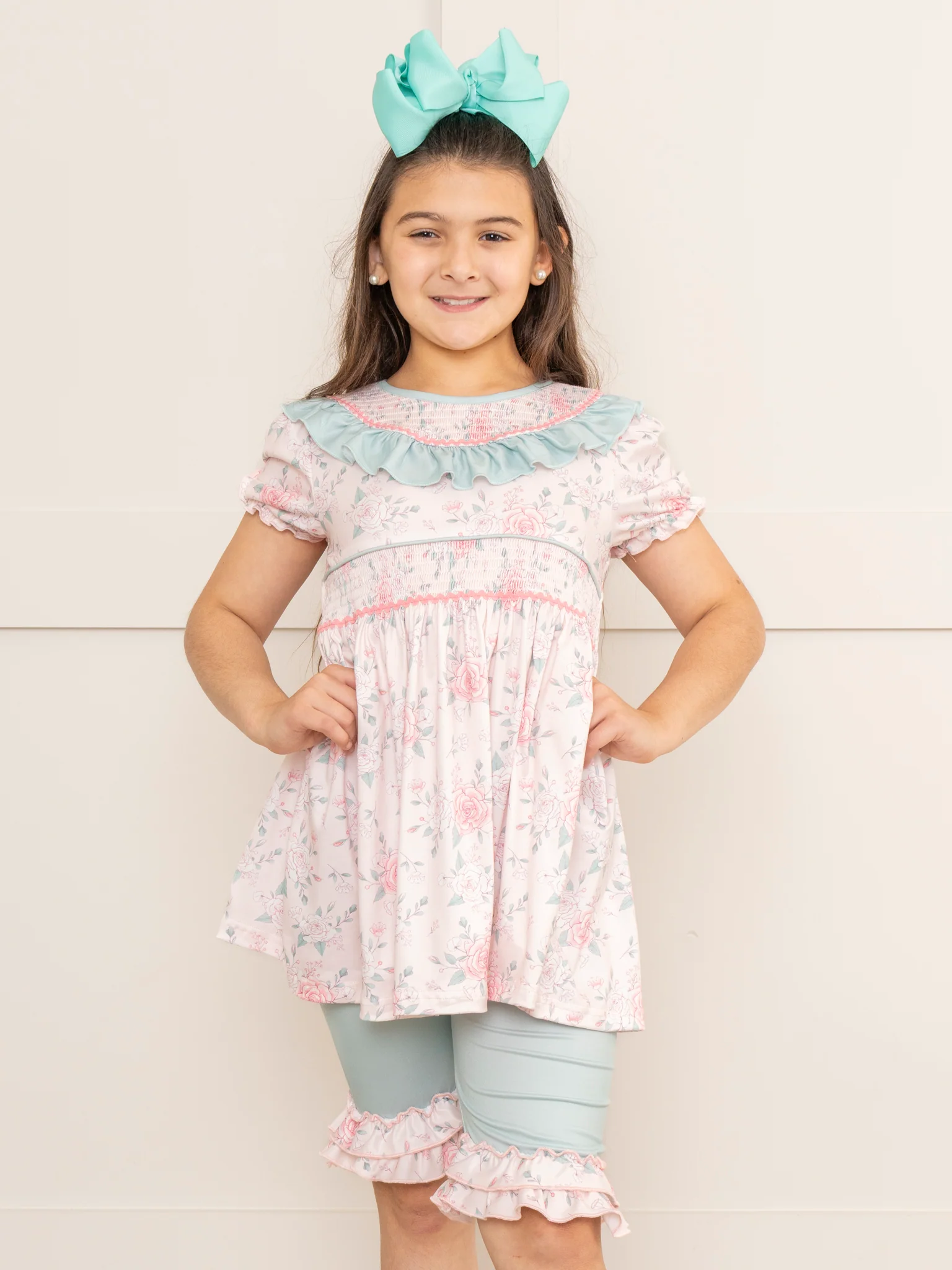 Teal & Rose Bouquets Smocked Ruffle Outfit