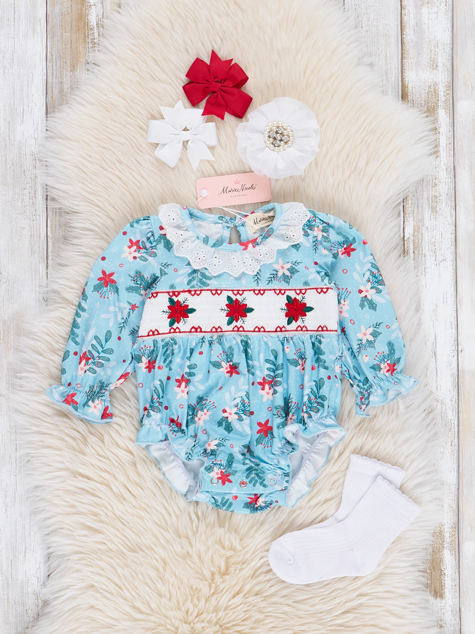 Teal Smocked Poinsettias Bubble Romper