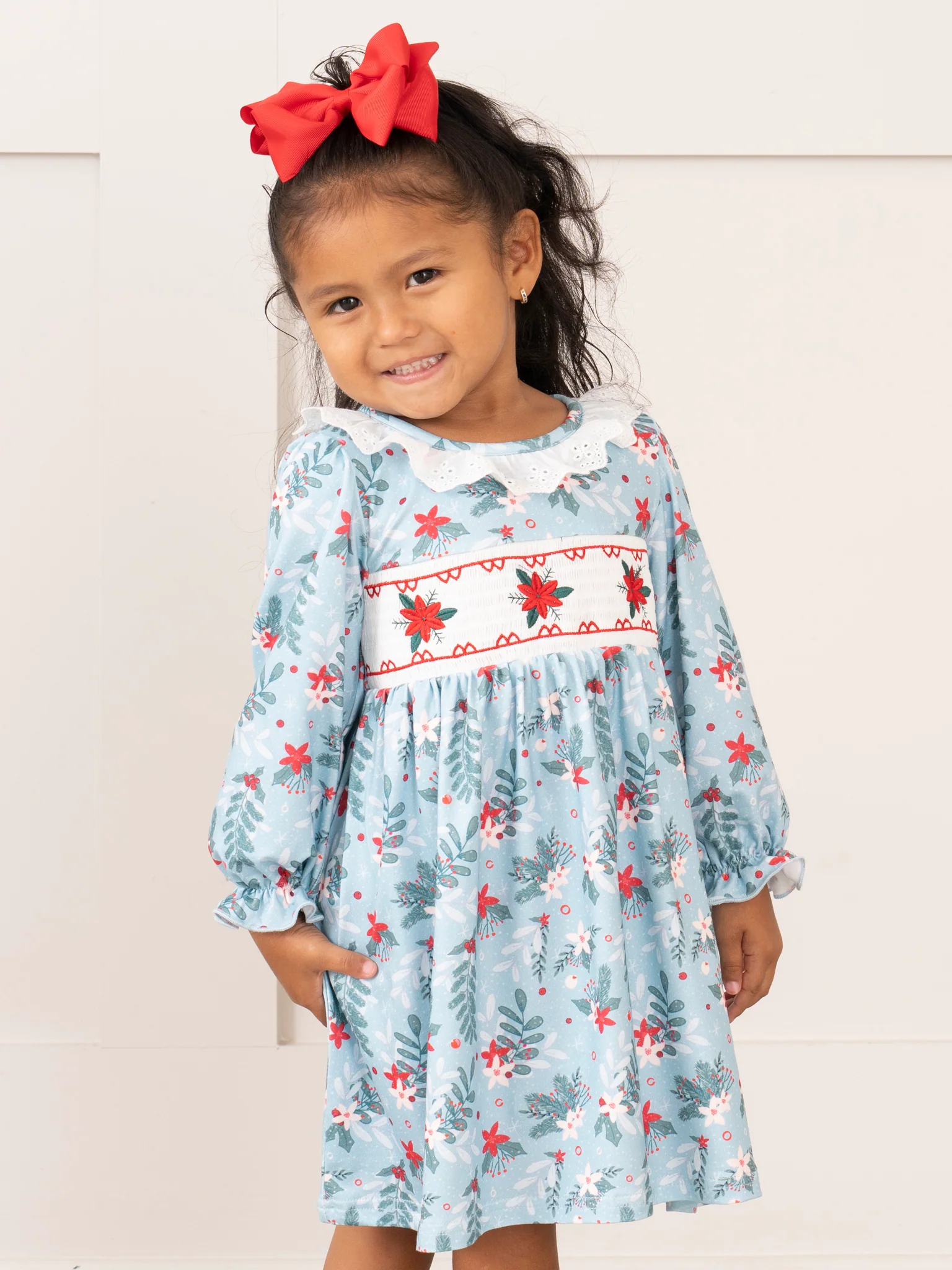 Teal Smocked Poinsettias Dress - Image 3