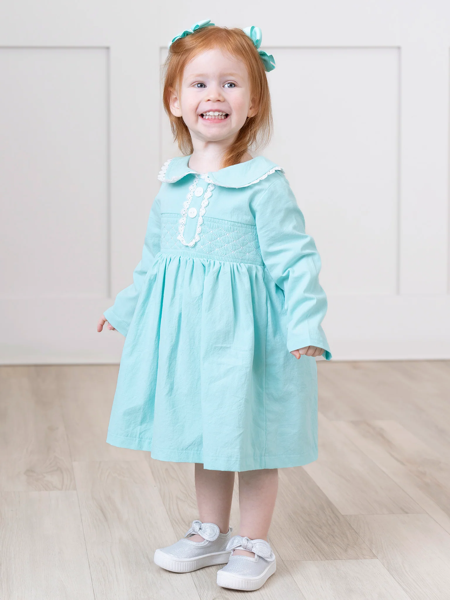 Teal Smocked Pom Pom Dress
