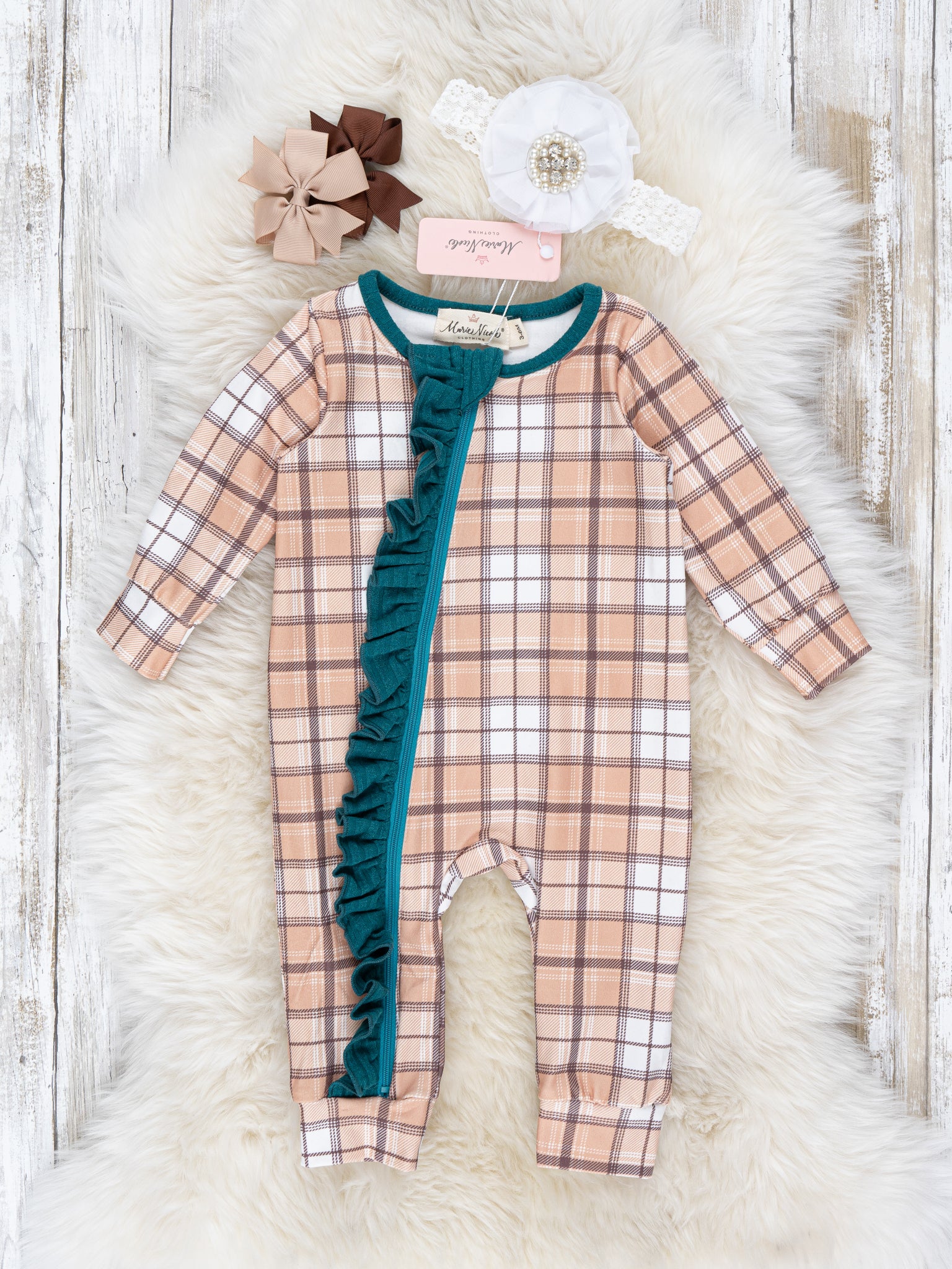 Teal & Tan Plaid Ruffle Sleeper Pajamas
