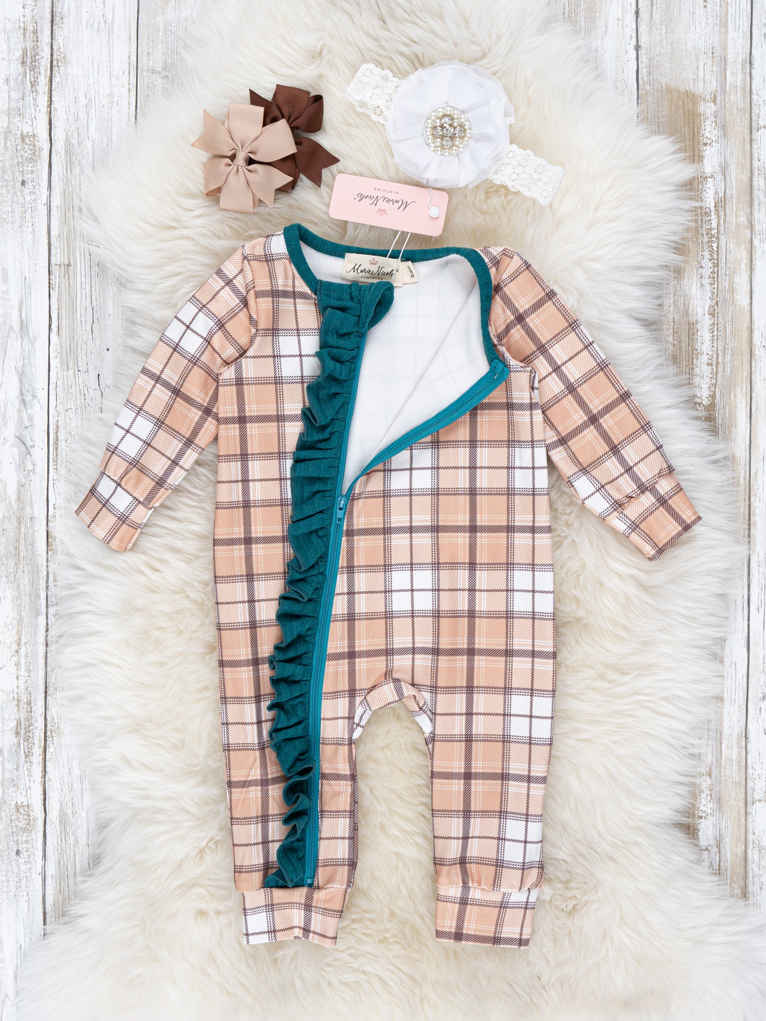 Teal & Tan Plaid Ruffle Sleeper Pajamas - Image 2