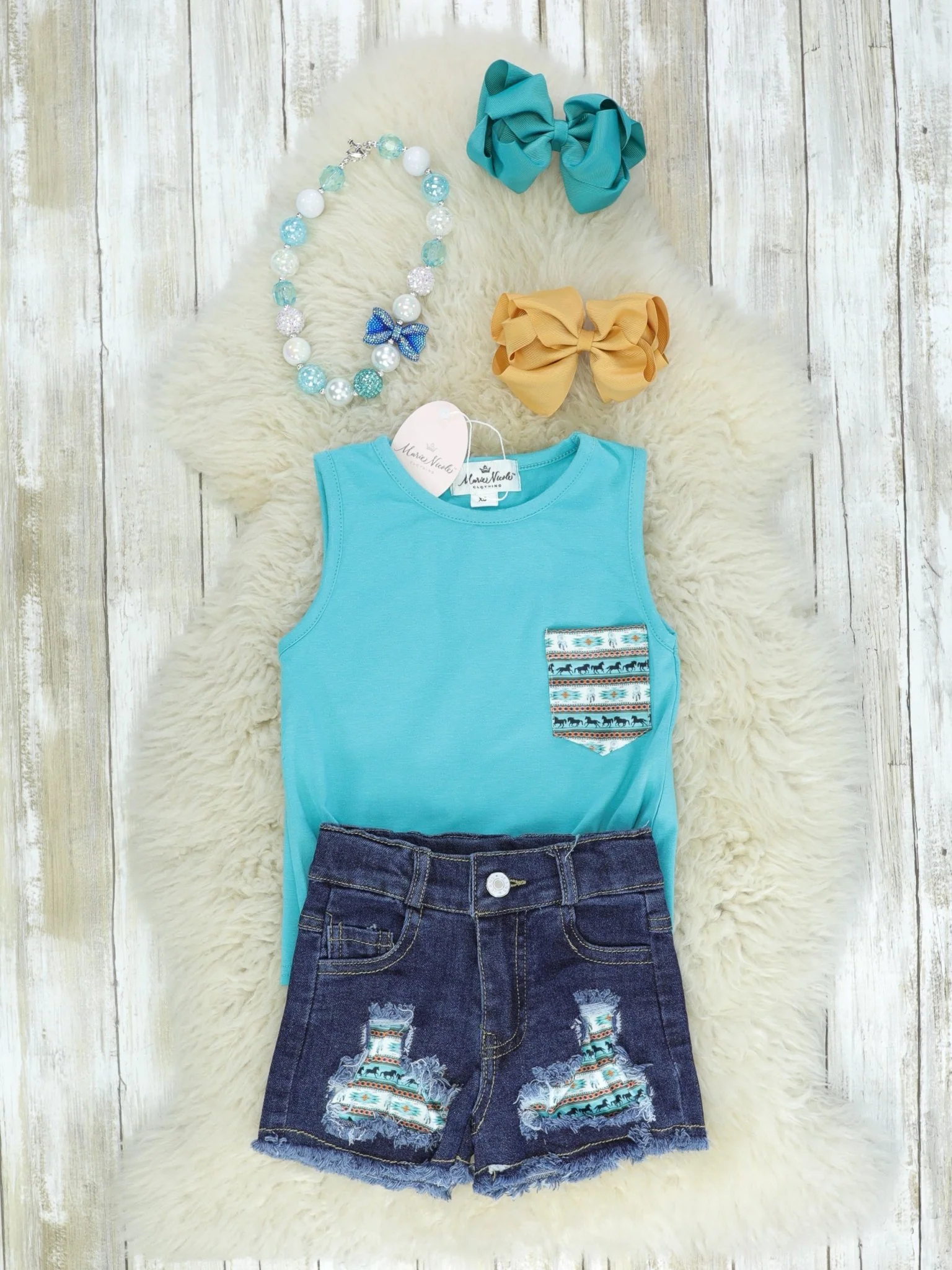 Horse Aztec Teal Tie Tank Denim Shorts Outfit - Image 2