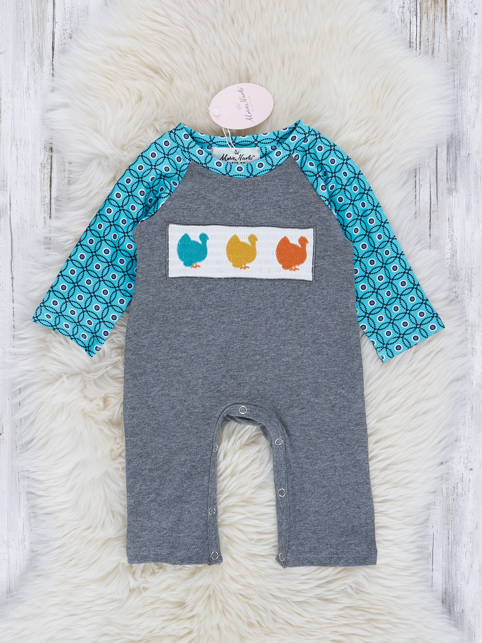 Teal Turkey Smocked Romper