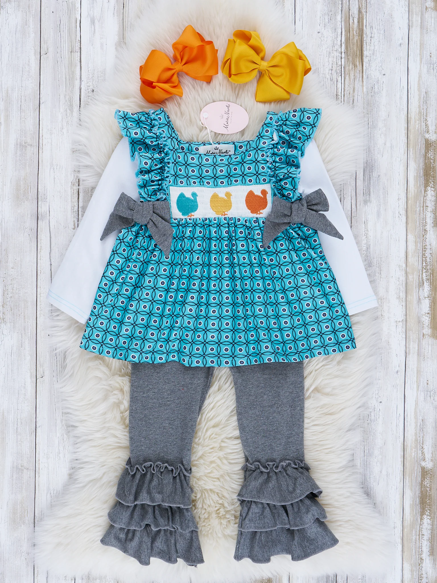 Teal Turkey Smocked Ruffle Outfit