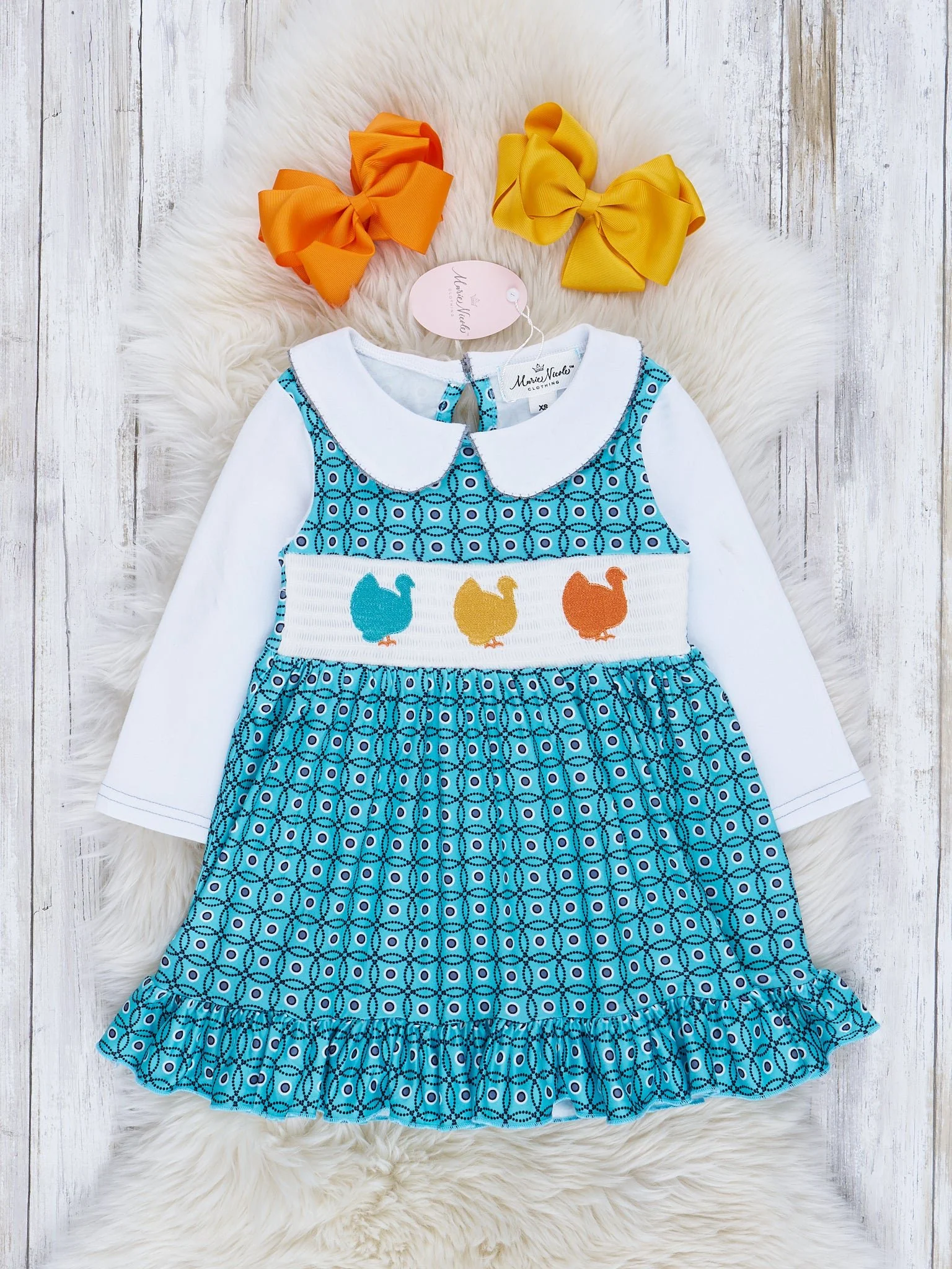 Teal Turkey Smocked Vintage Ruffle Dress