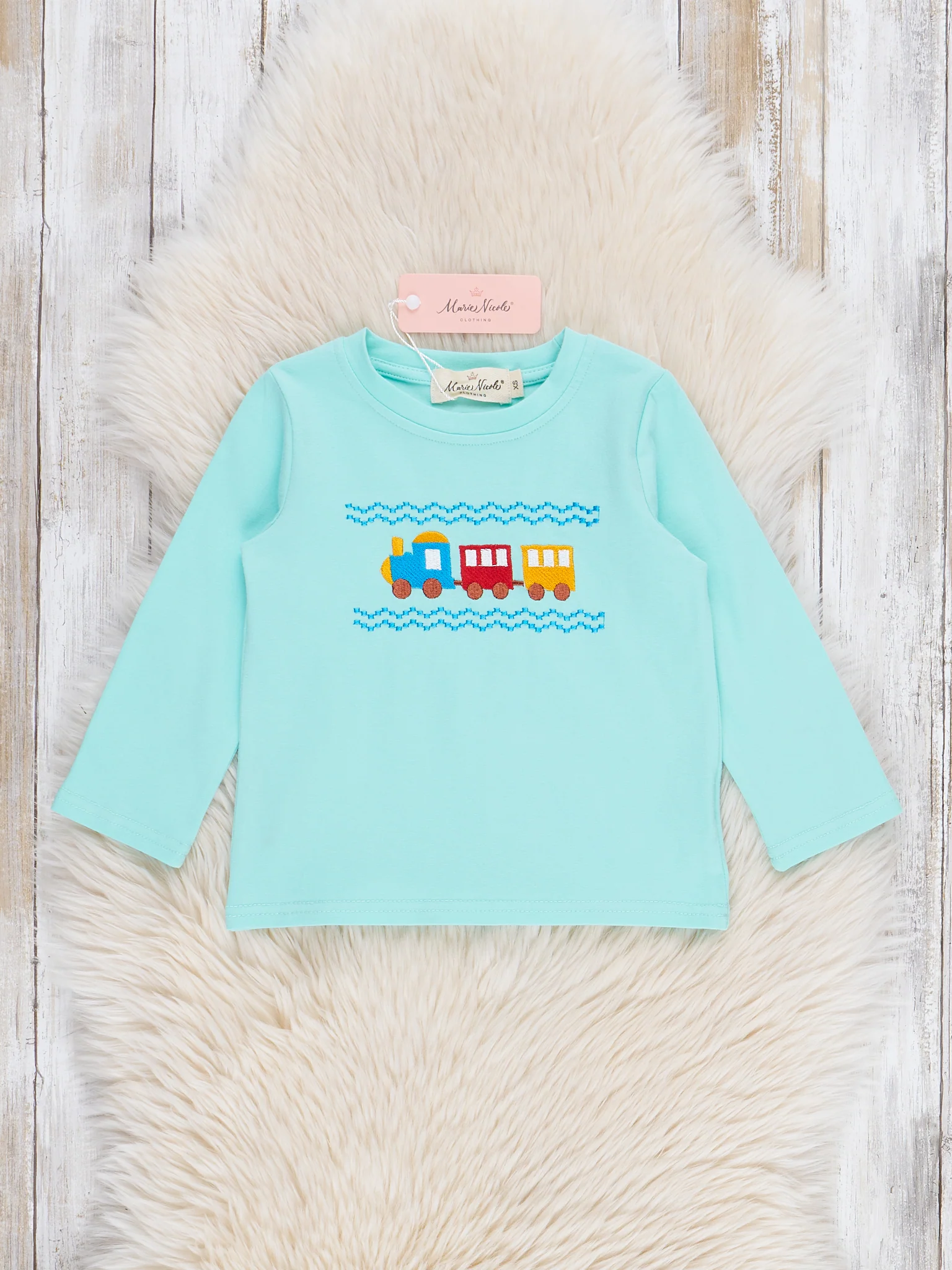 Teal & Yellow Embroidered Trains Shirt