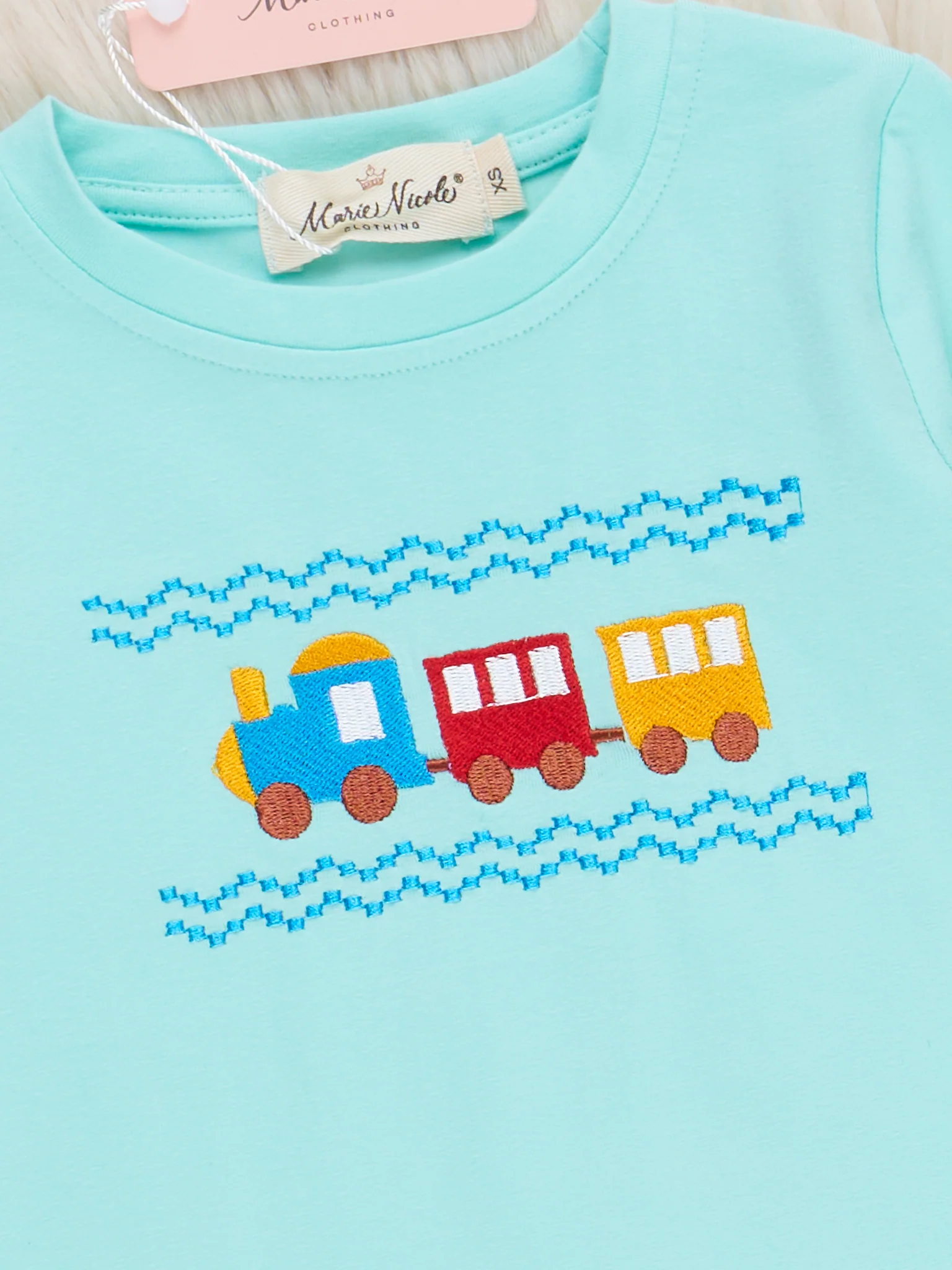 Teal & Yellow Embroidered Trains Shirt - Image 2