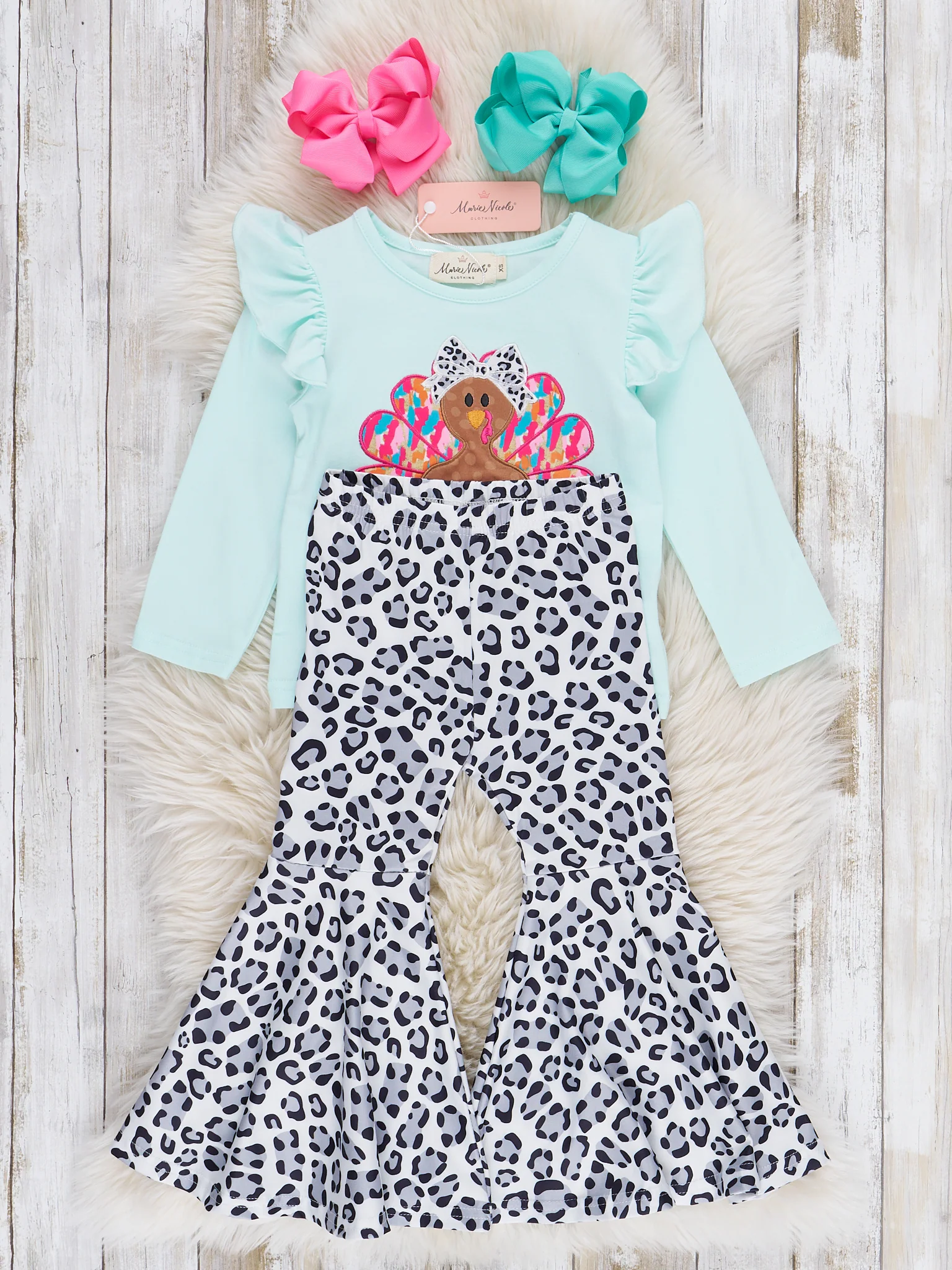 "Thankful" Embroidered Leopard Bell Bottom Outfit - Image 2