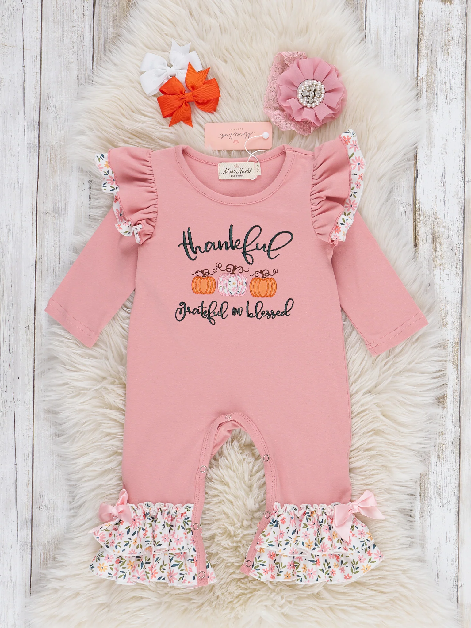 Thankful Graceful & Blessed Pumpkin Ruffle Romper