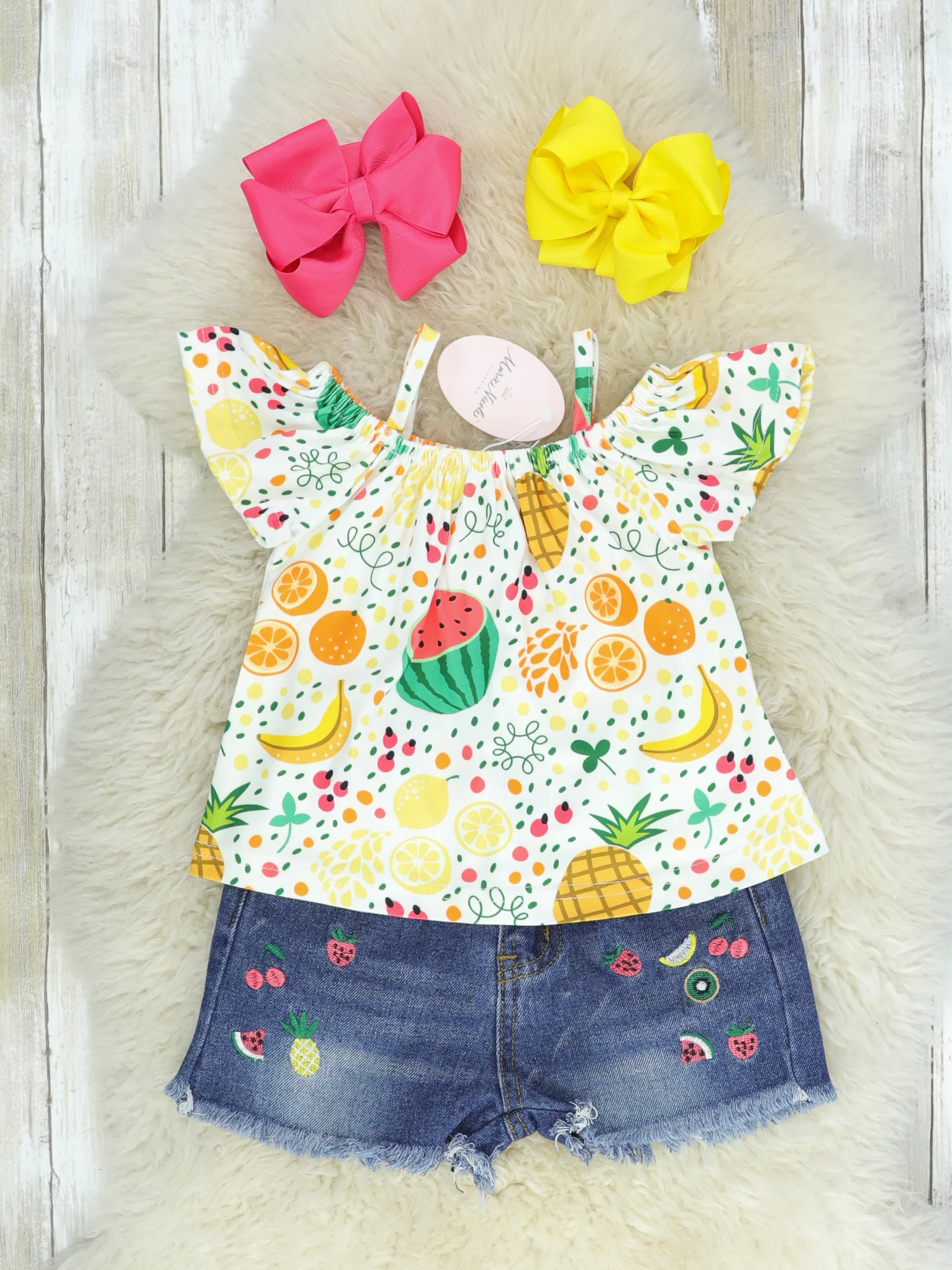 Tropical Fruit Ruffle Top Denim Outfit