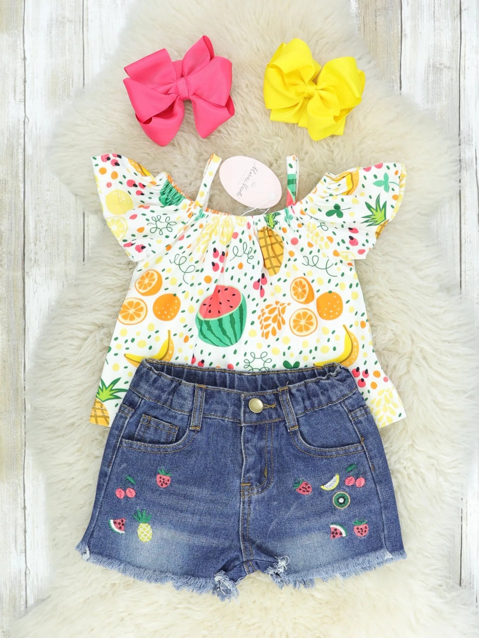 Tropical Fruit Ruffle Top Denim Outfit - Image 2