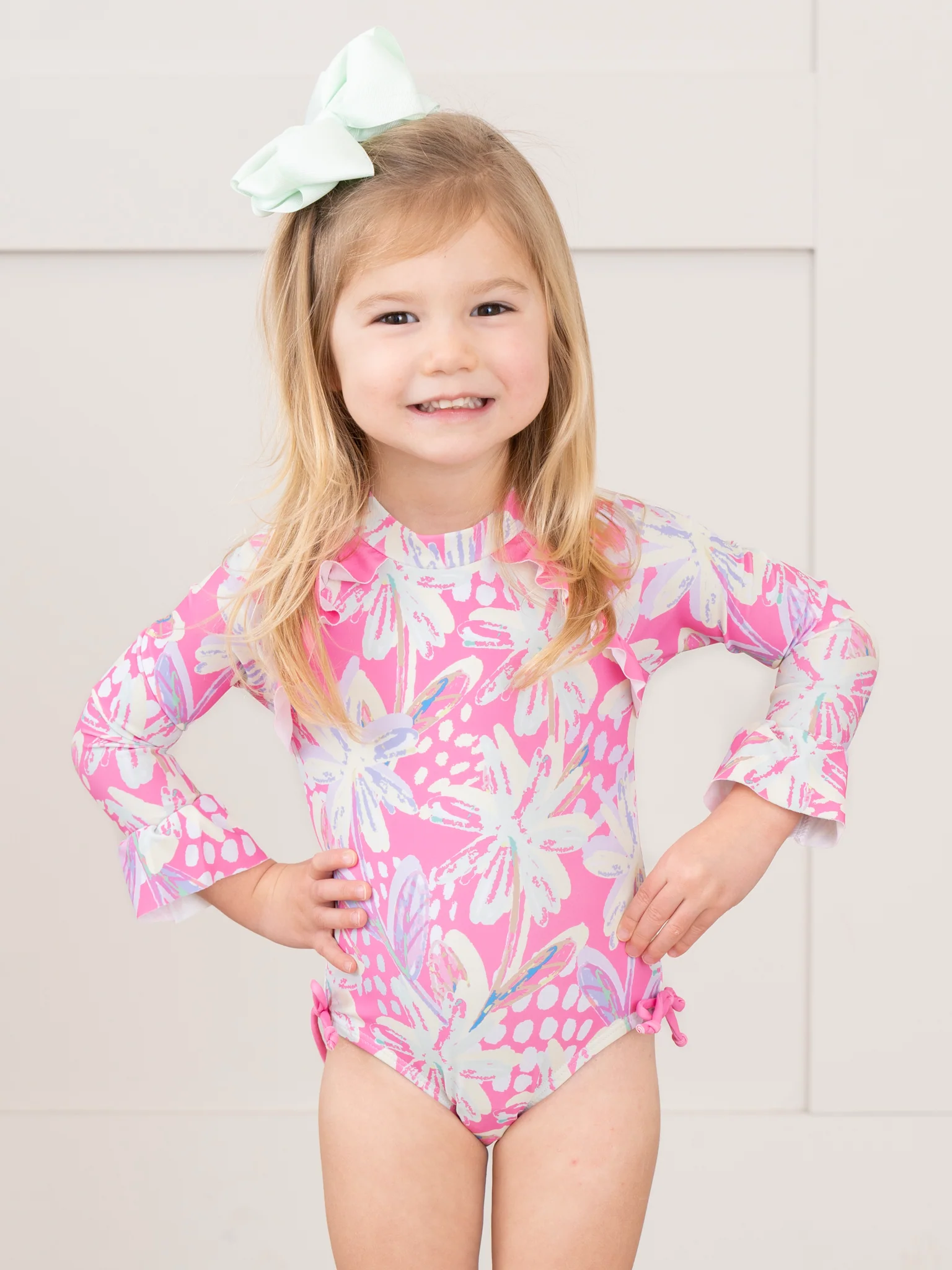 Tropical Pink Floral Ruffle Rashguard Swimsuit