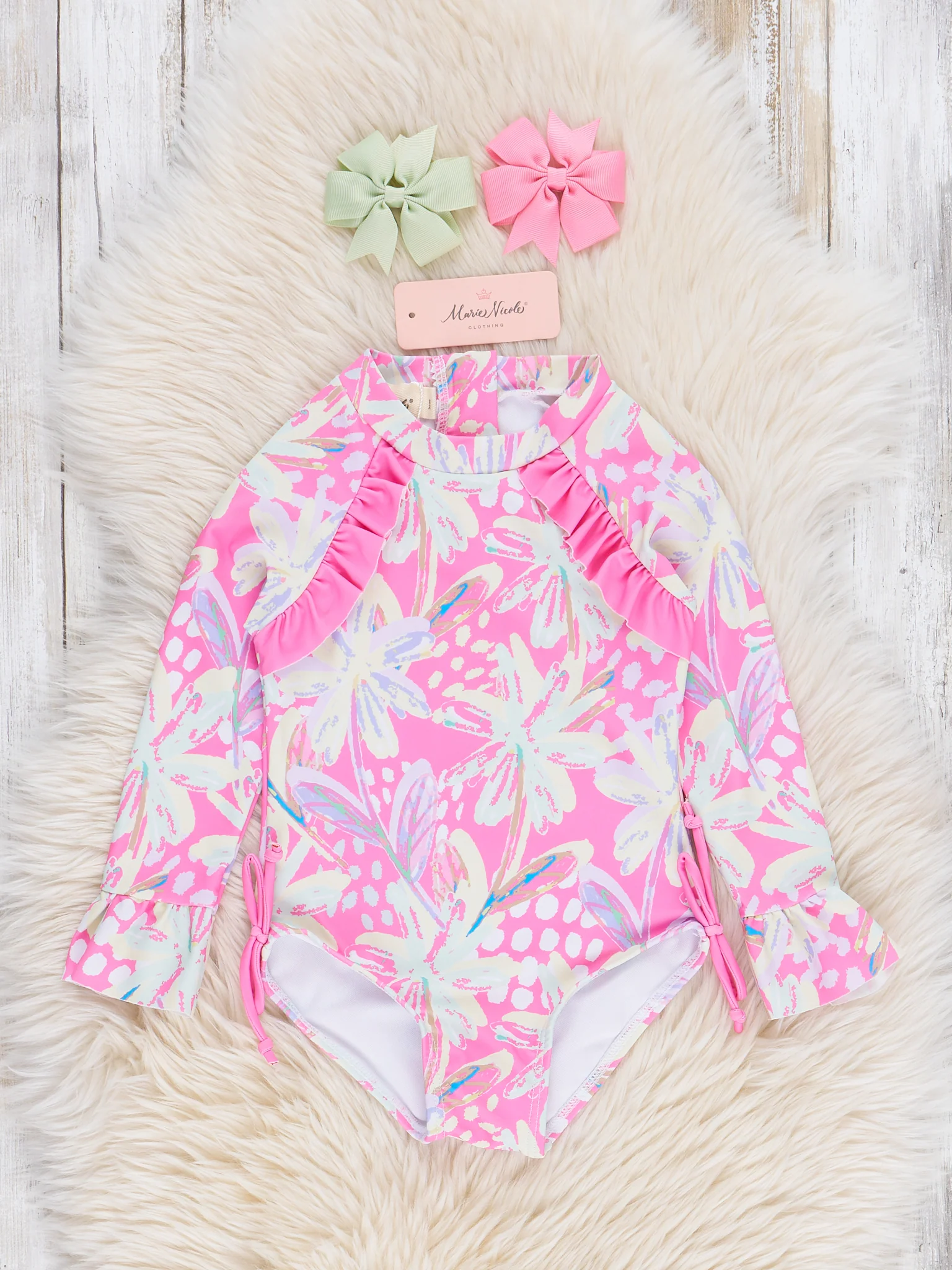 Tropical Pink Floral Ruffle Rashguard Swimsuit - Image 2
