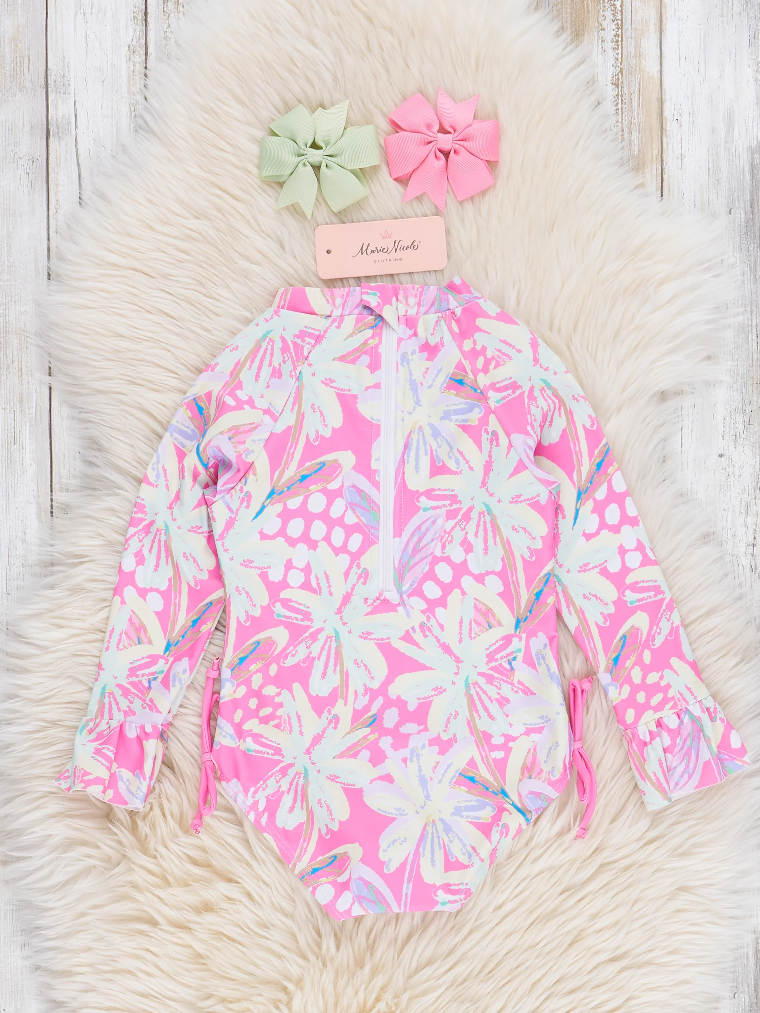 Tropical Pink Floral Ruffle Rashguard Swimsuit - Image 3