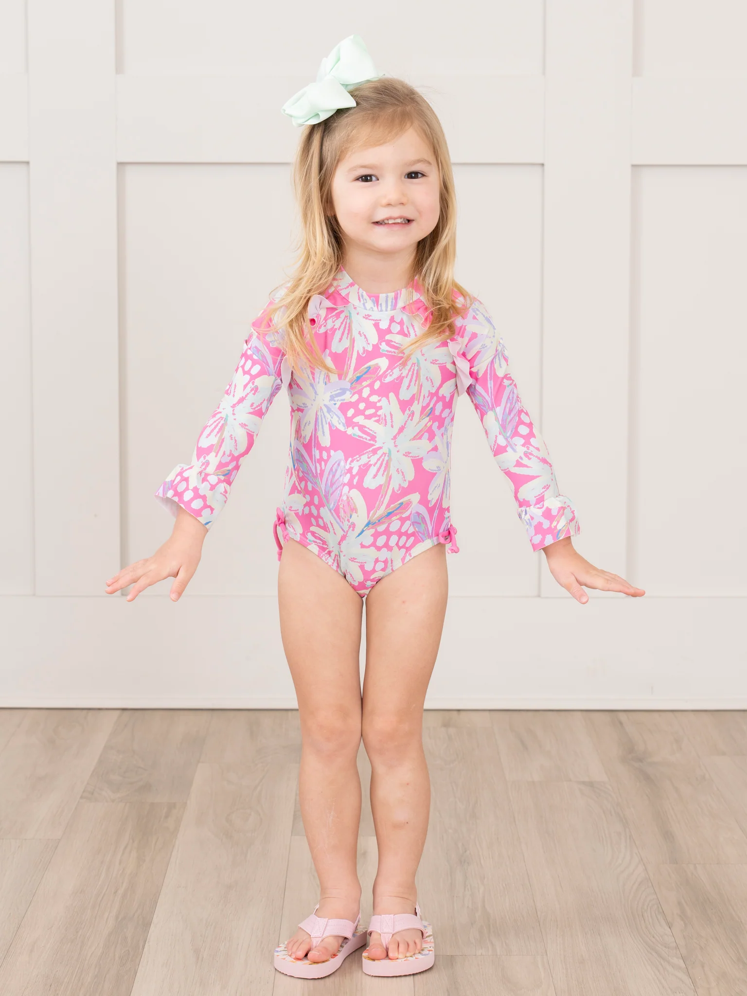 Tropical Pink Floral Ruffle Rashguard Swimsuit - Image 5