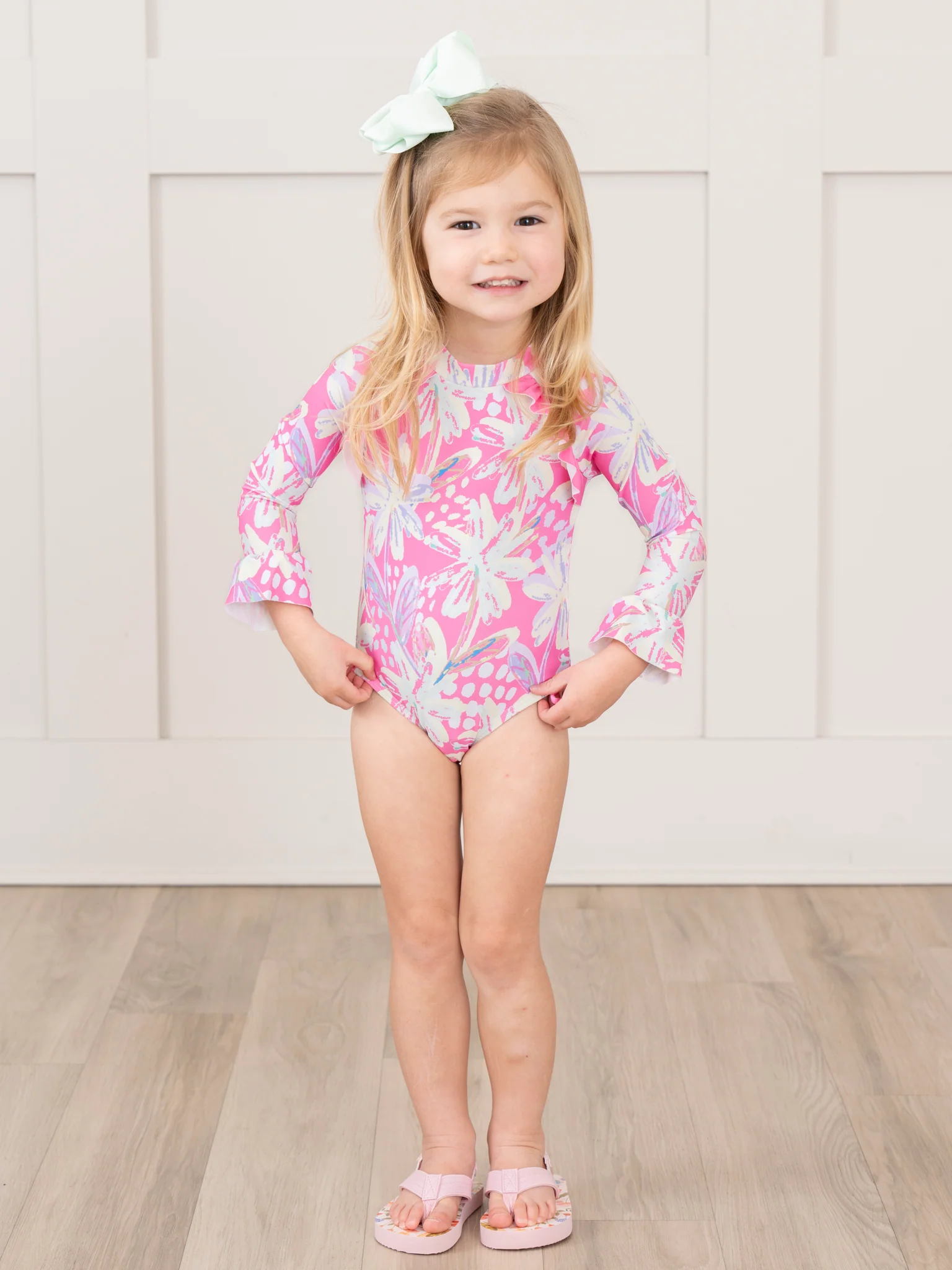 Tropical Pink Floral Ruffle Rashguard Swimsuit - Image 6