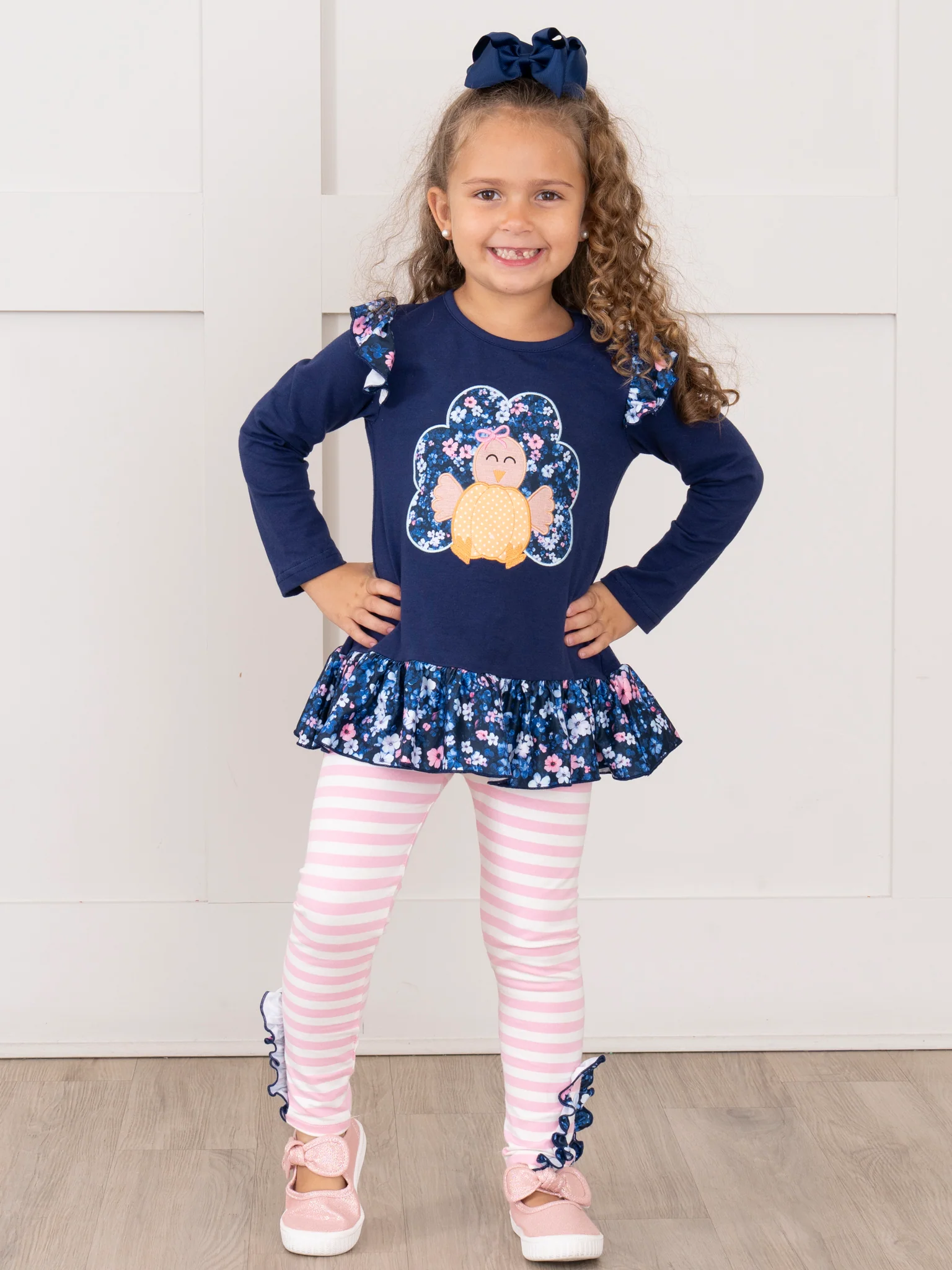Turkey Day Floral Embroidered Ruffle Outfit