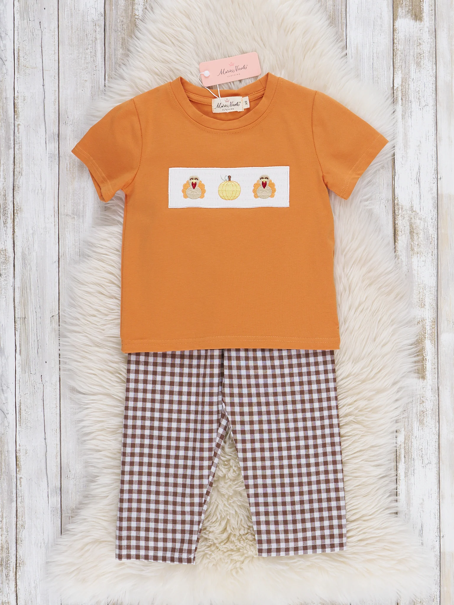 Turkey Flock Smocked Gingham Outfit