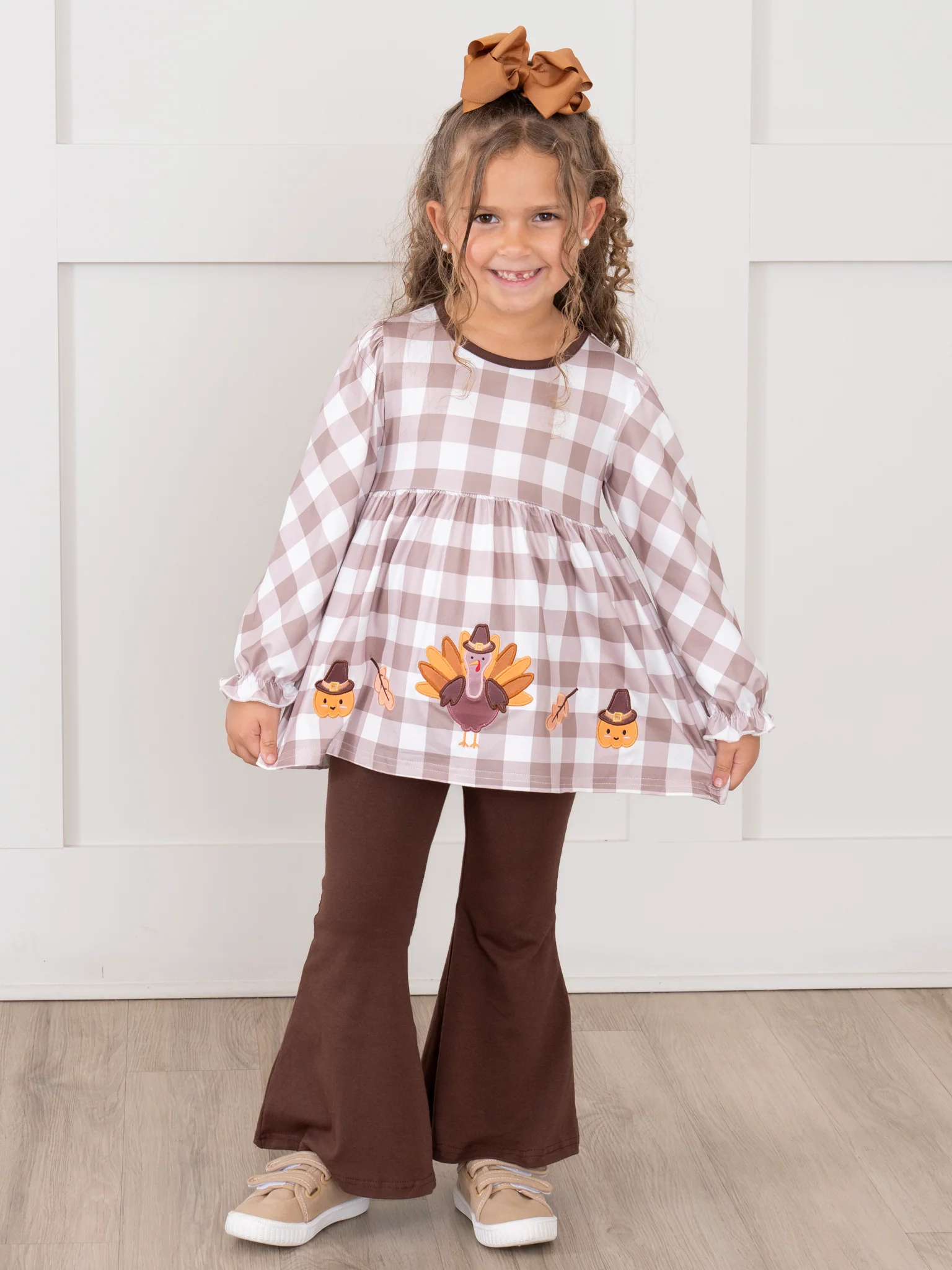 Turkey Gingham Celebration Embroidered Bell Bottom Outfit