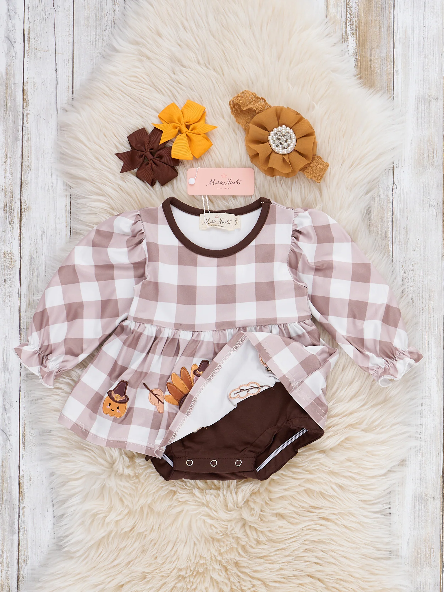 Turkey Gingham Celebration Embroidered Bubble Romper - Image 3