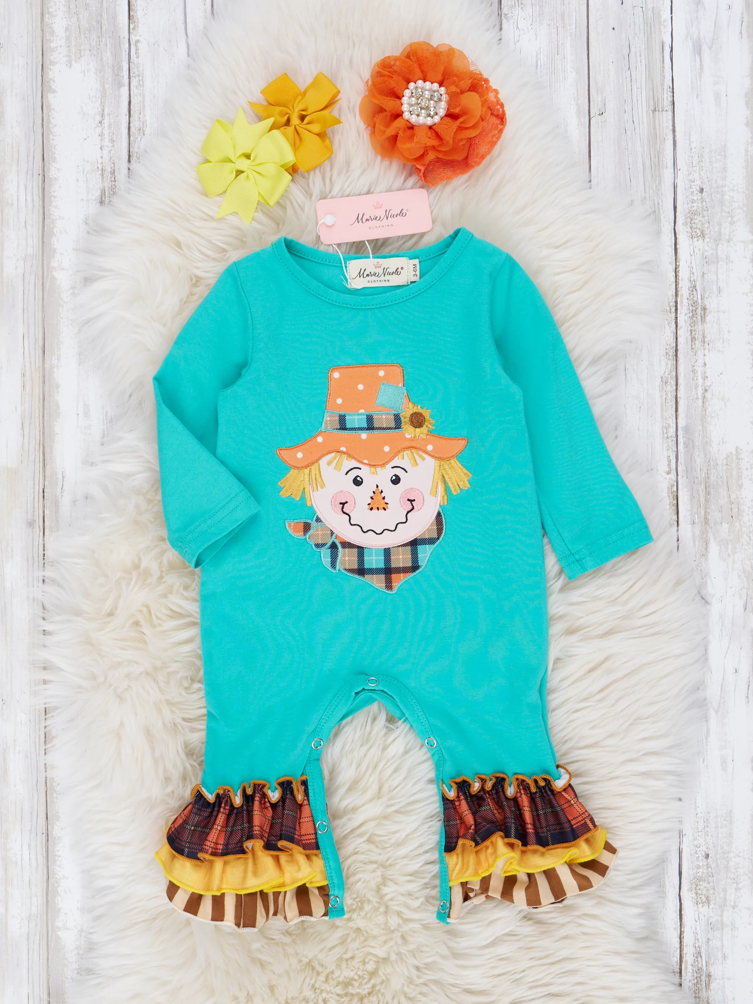 Turquoise Scarecrow Ruffle Romper