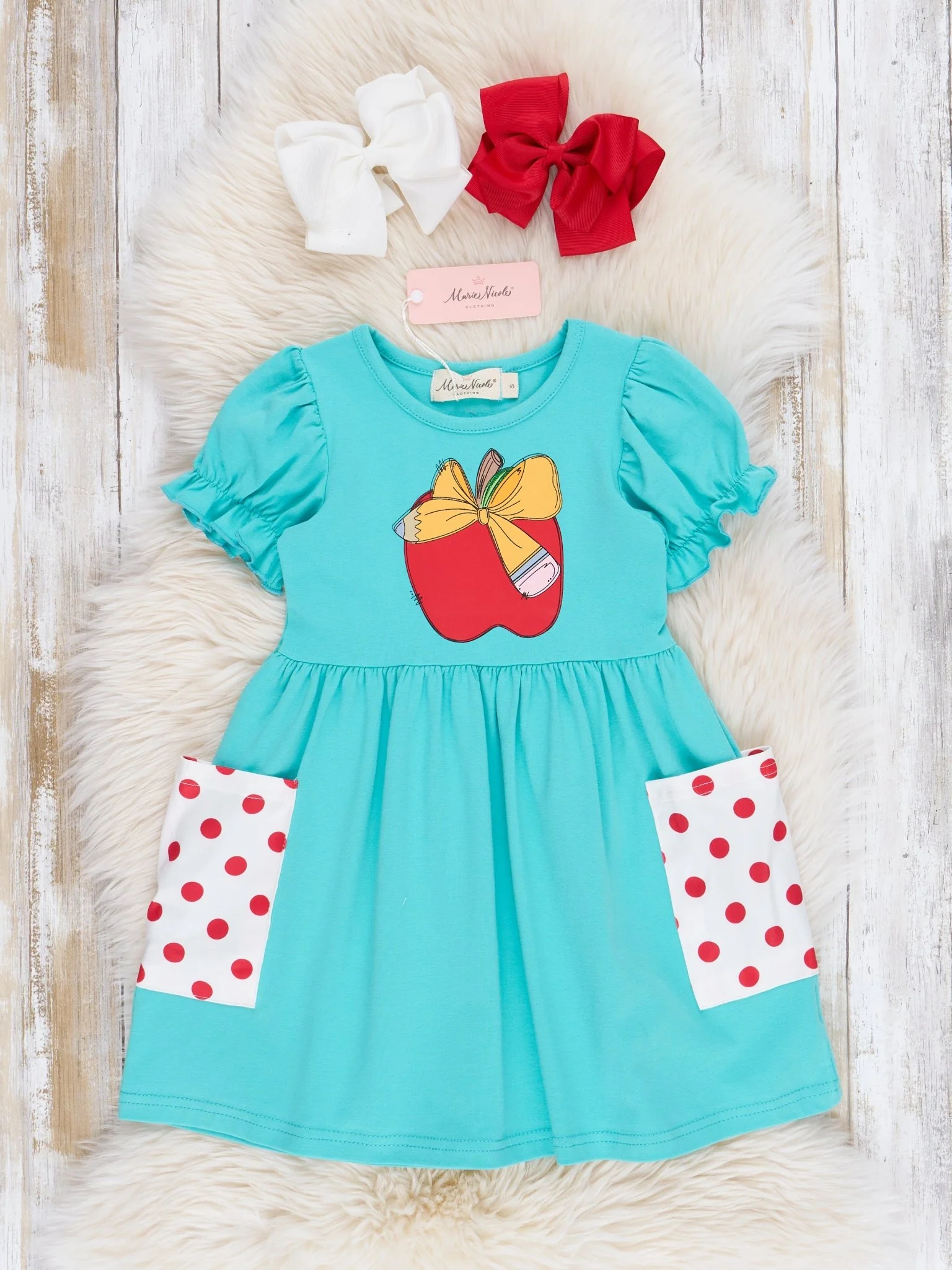 Turquoise Apple A Day Ruffle Dress