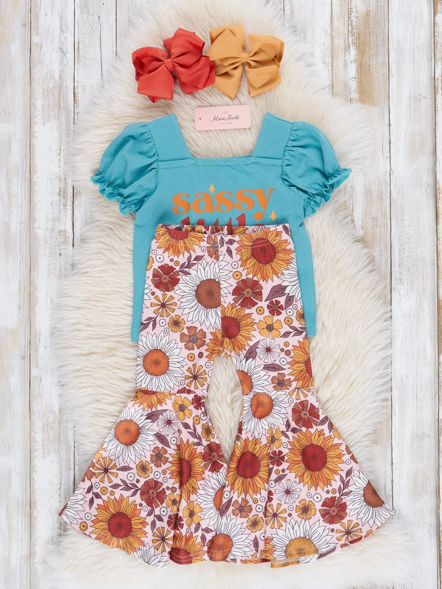 Turquoise & Brown Sassy Florals Bell Bottoms Outfit - Image 3