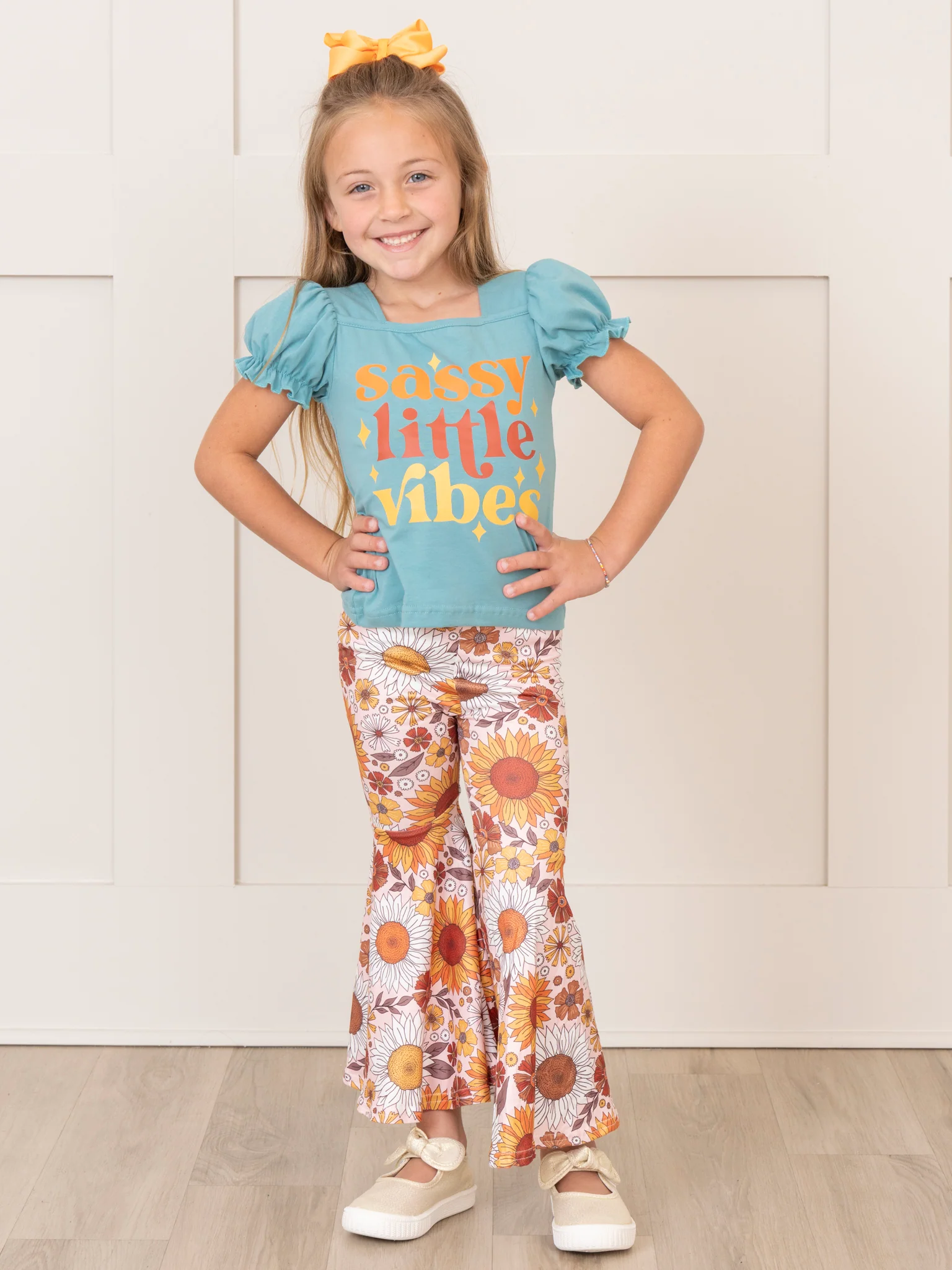 Turquoise & Brown Sassy Florals Bell Bottoms Outfit - Image 4