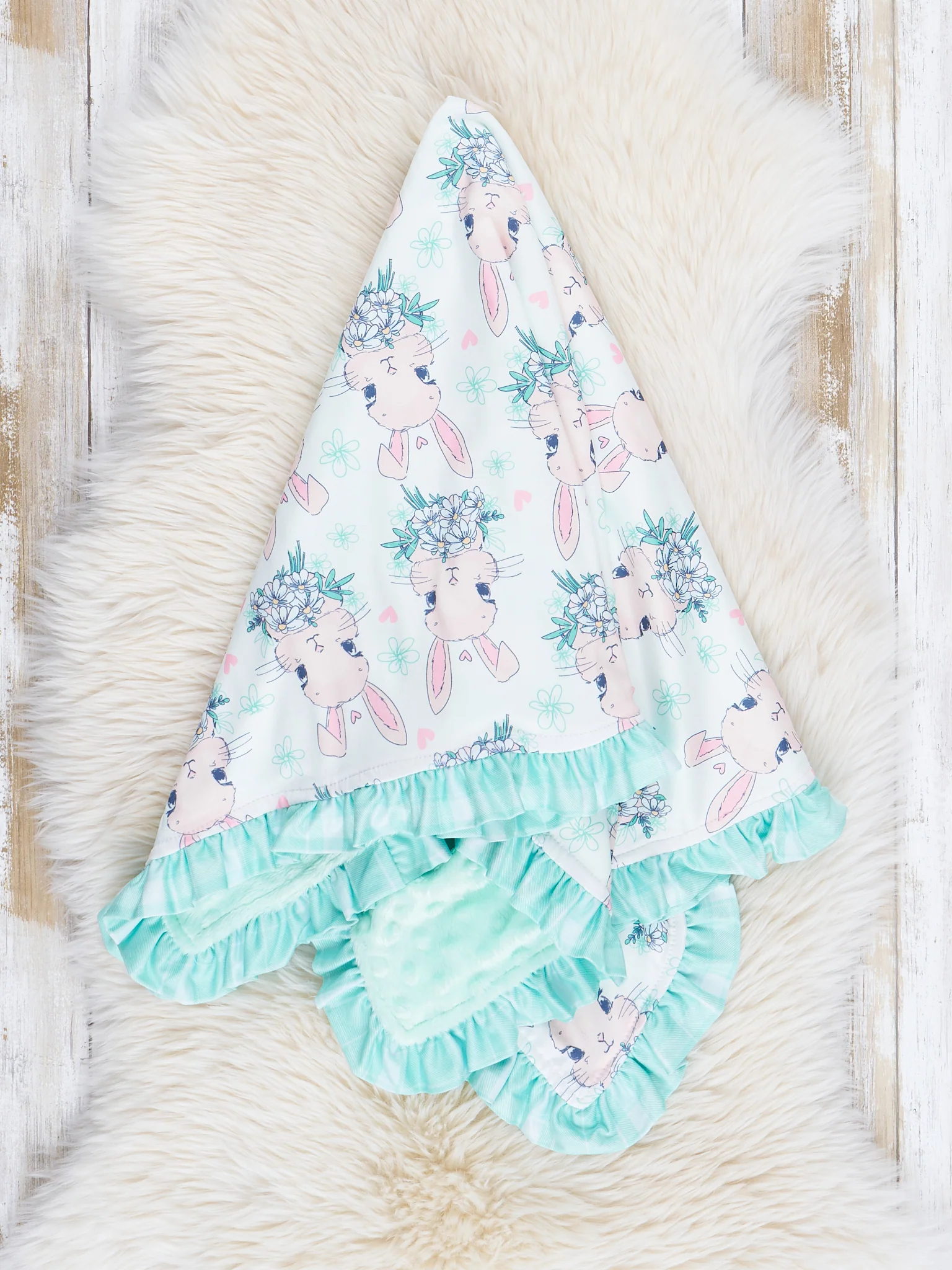Turquoise Bunnies Ruffle Minky Blanket