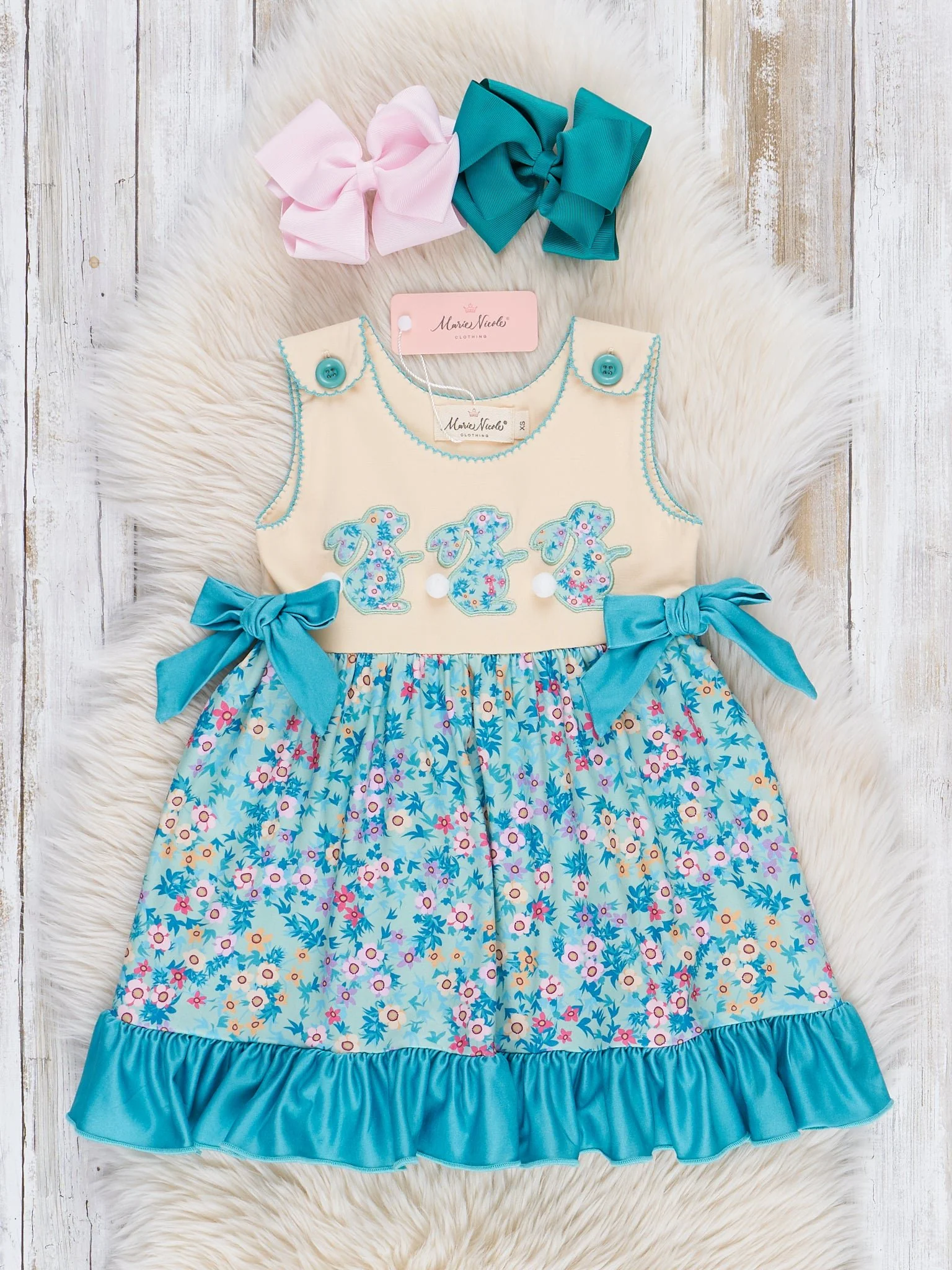 Turquoise Embroidered Floral Bunny Ruffle Dress - Image 2